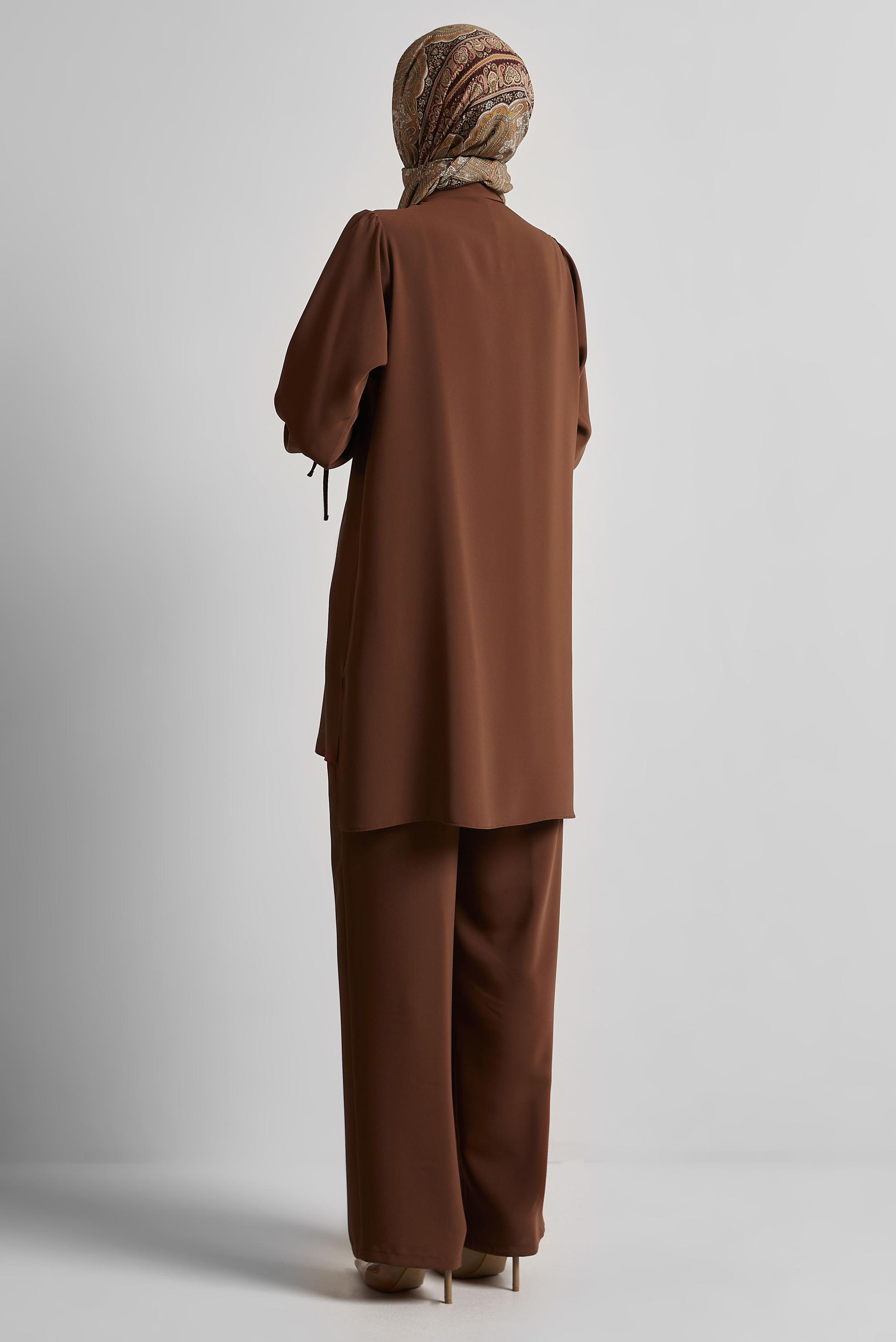 Tesettür giyim KAHVE GÖMLEK YAKA PANTOLONLU TAKIM 45617