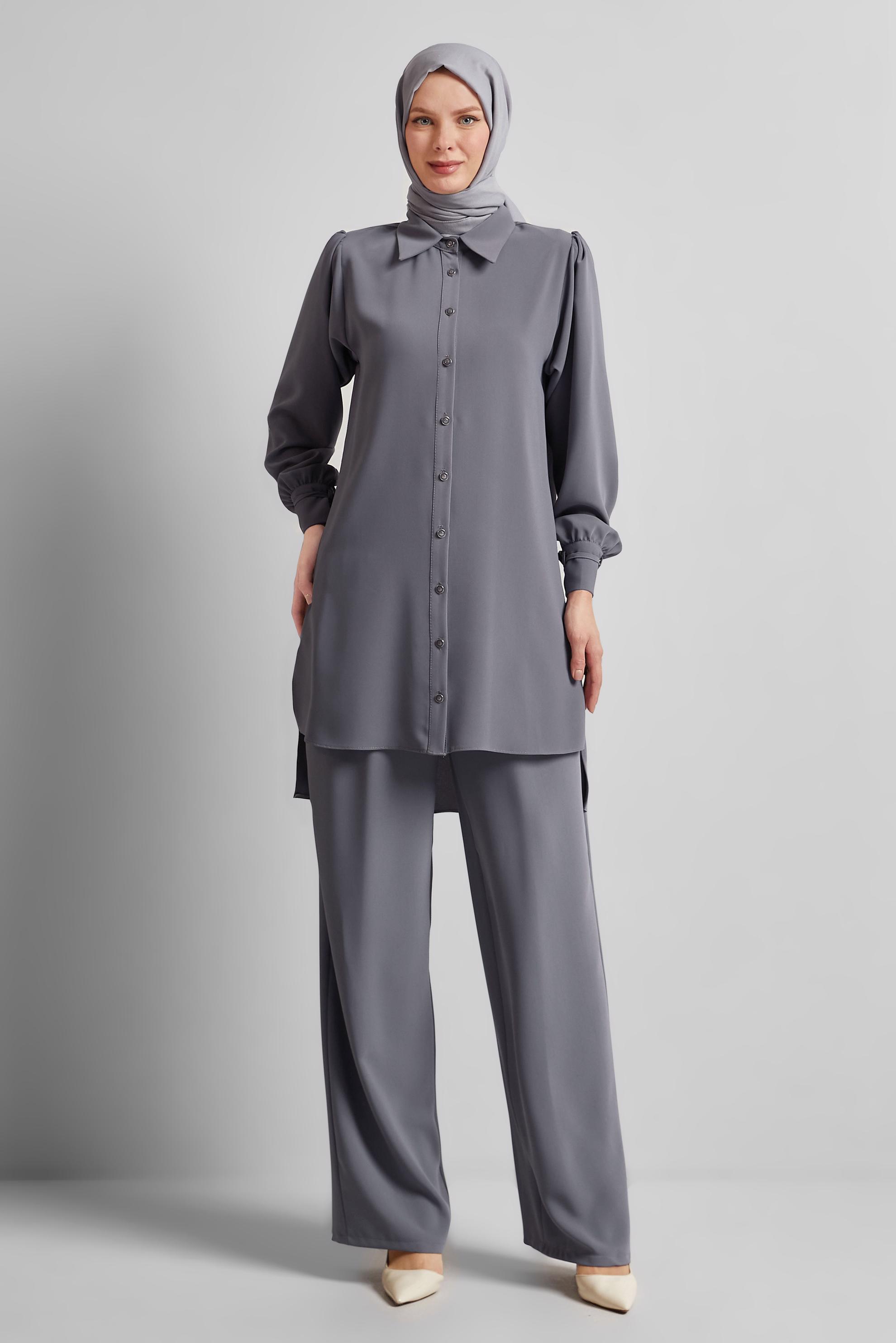 Tesettür giyim GRİ GÖMLEK YAKA PANTOLONLU TAKIM 45617