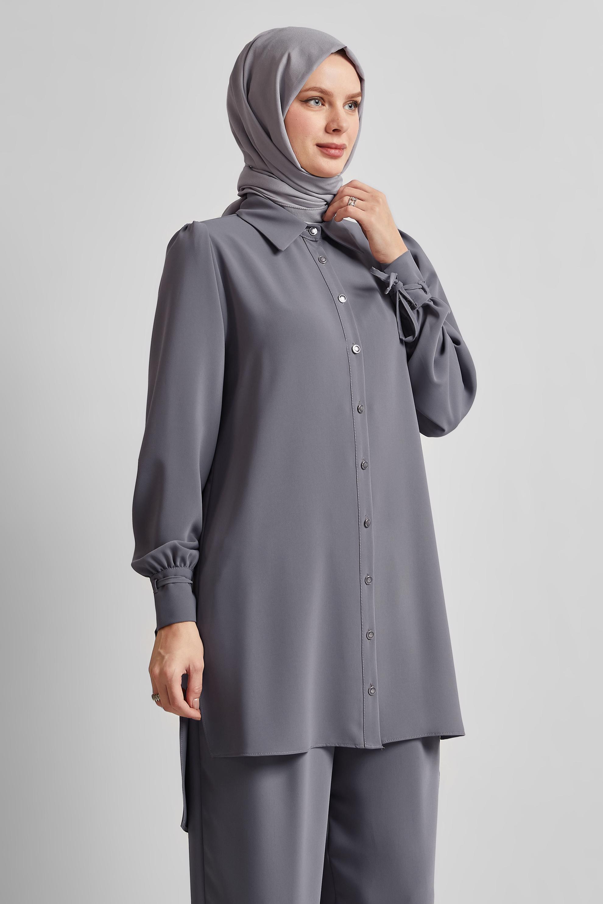 Tesettür giyim GRİ GÖMLEK YAKA PANTOLONLU TAKIM 45617