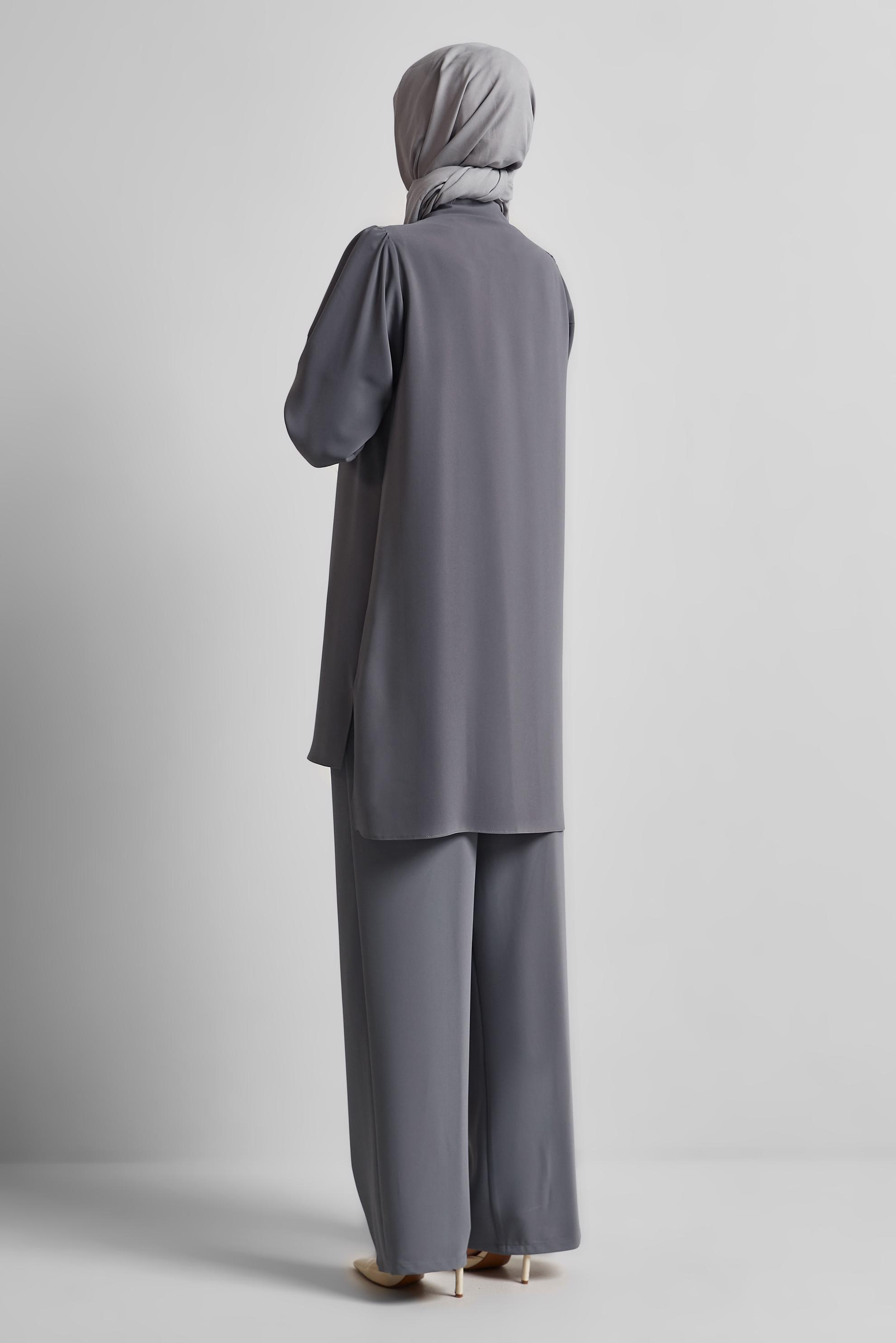 Tesettür giyim GRİ GÖMLEK YAKA PANTOLONLU TAKIM 45617