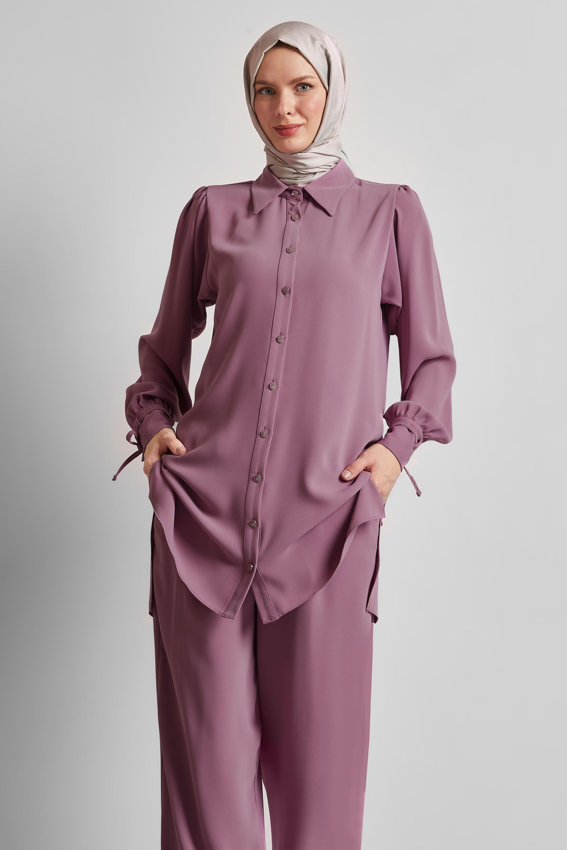 Tesettür giyim MOR GÖMLEK YAKA PANTOLONLU TAKIM 45617