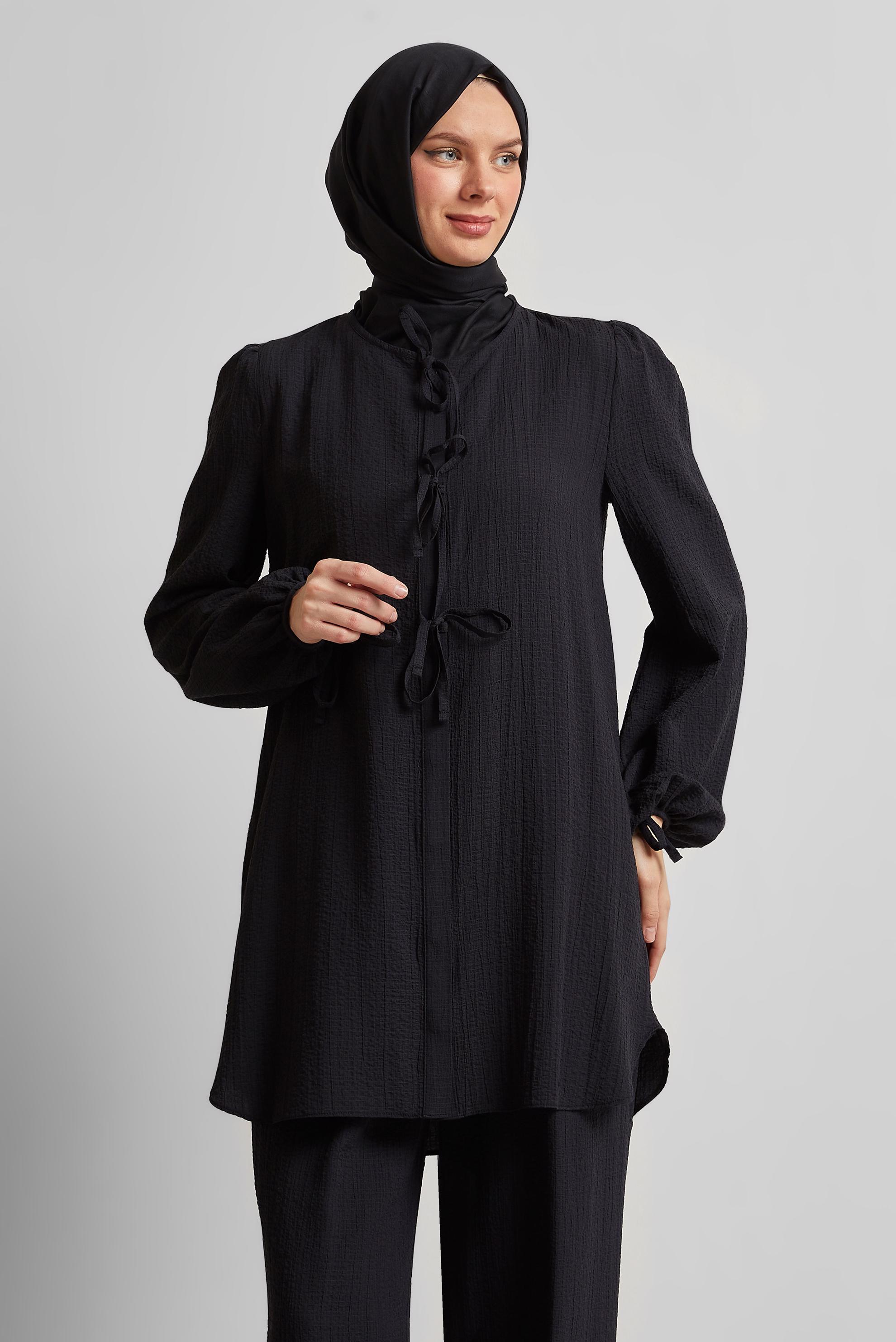 Tesettür giyim SİYAH BAĞCIK DETAYLI PANTOLONLU TAKIM 45620