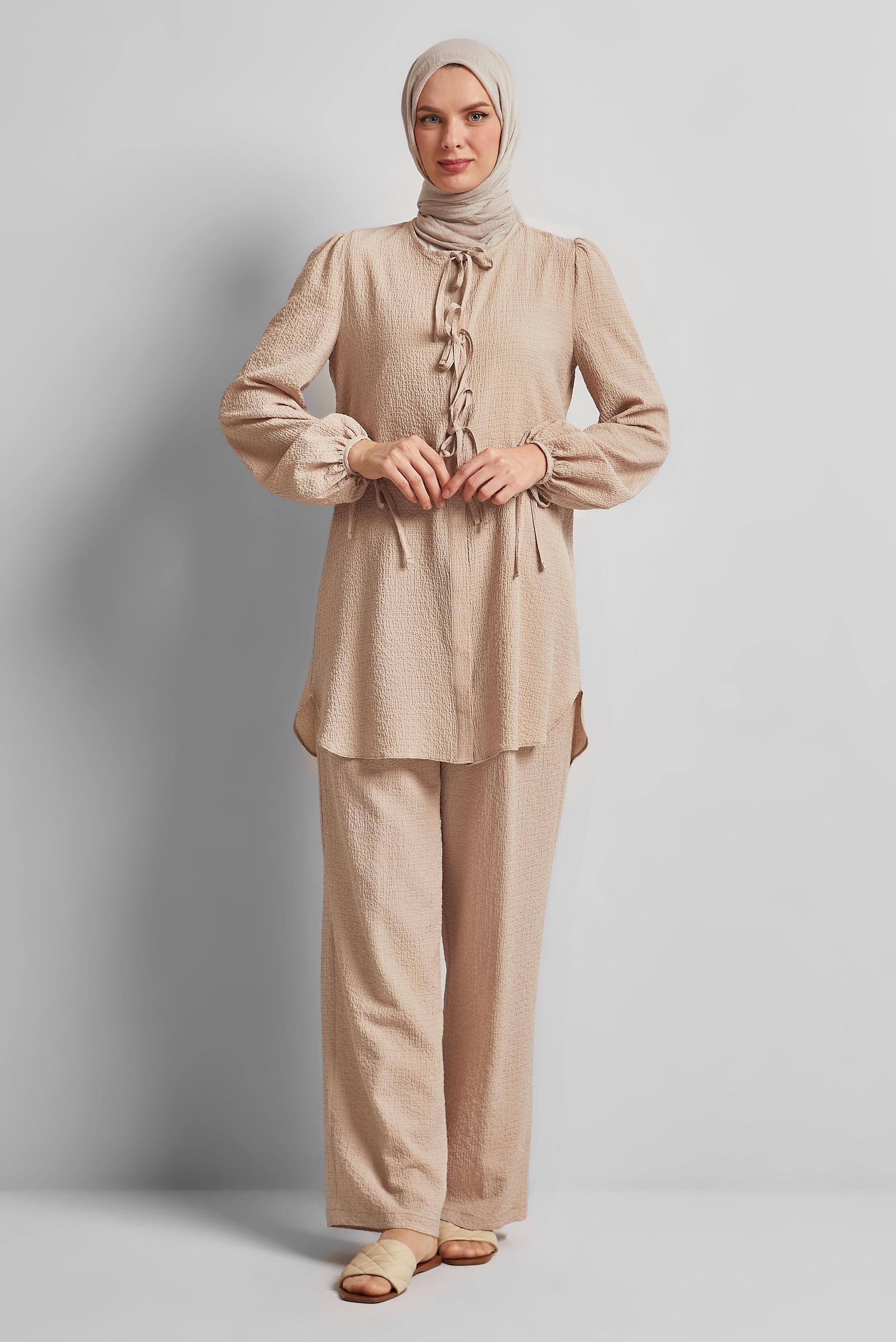 Tesettür giyim BEJ BAĞCIK DETAYLI PANTOLONLU TAKIM 45620
