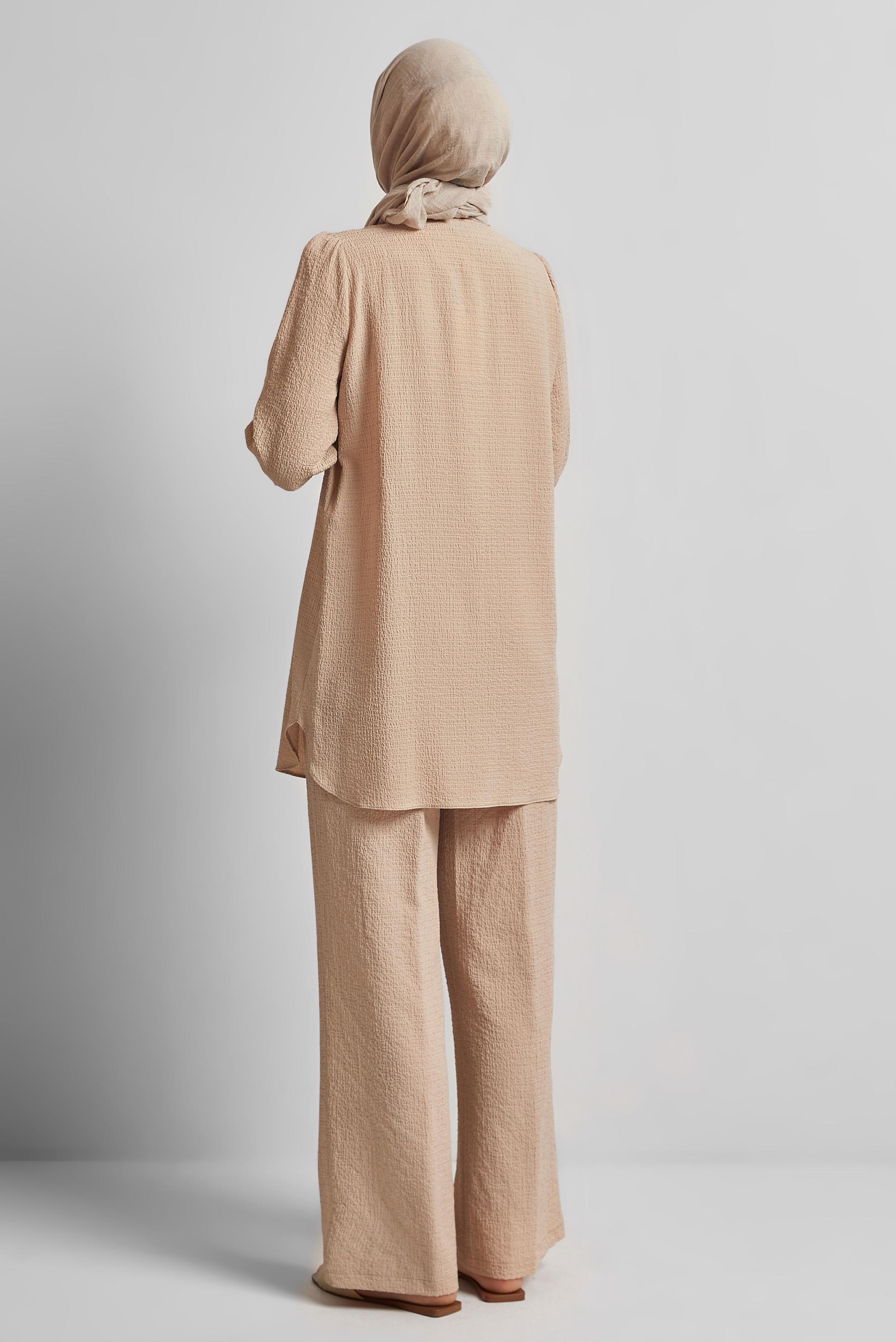 Tesettür giyim BEJ BAĞCIK DETAYLI PANTOLONLU TAKIM 45620