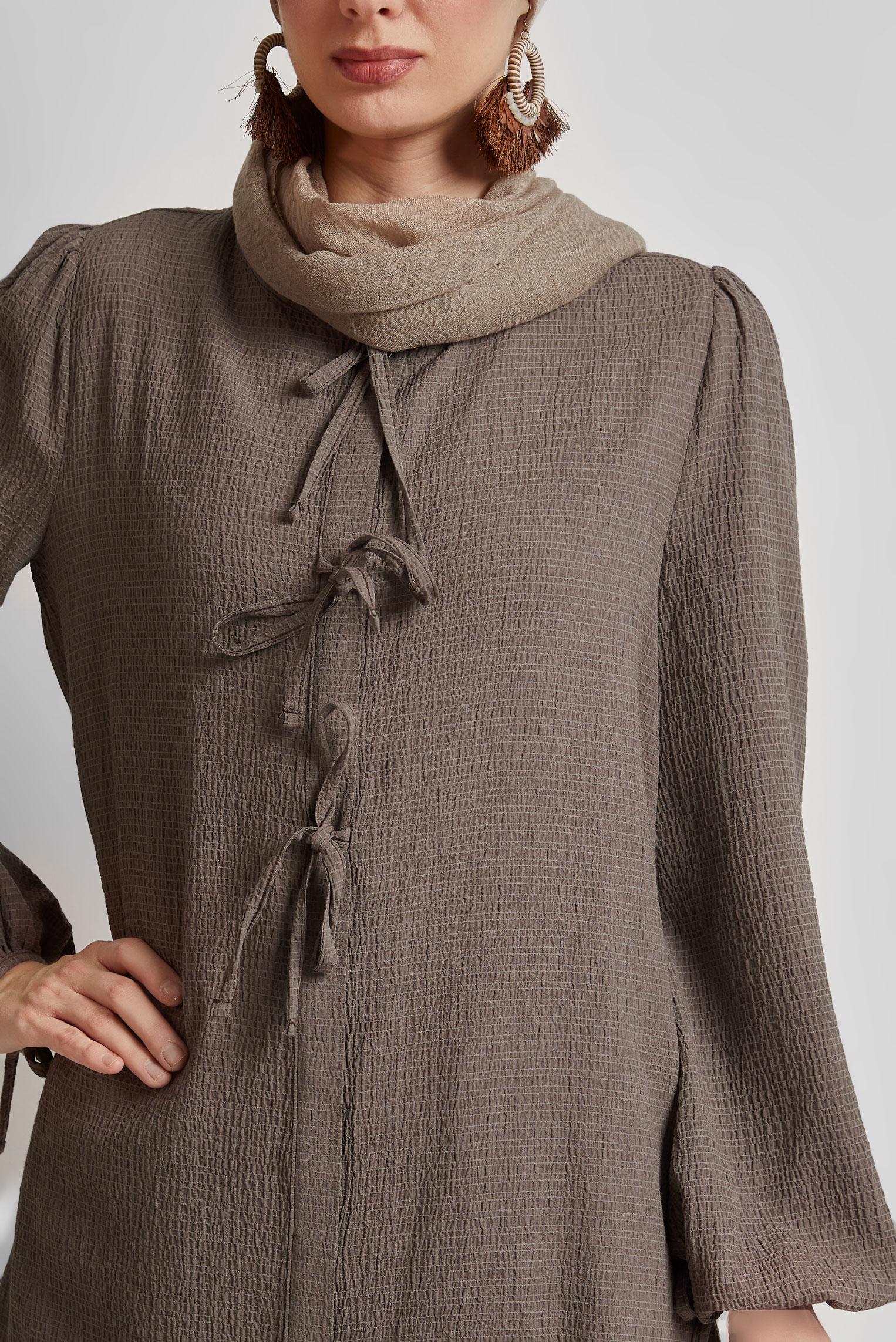 Tesettür giyim KAHVE BAĞCIK DETAYLI PANTOLONLU TAKIM 45620