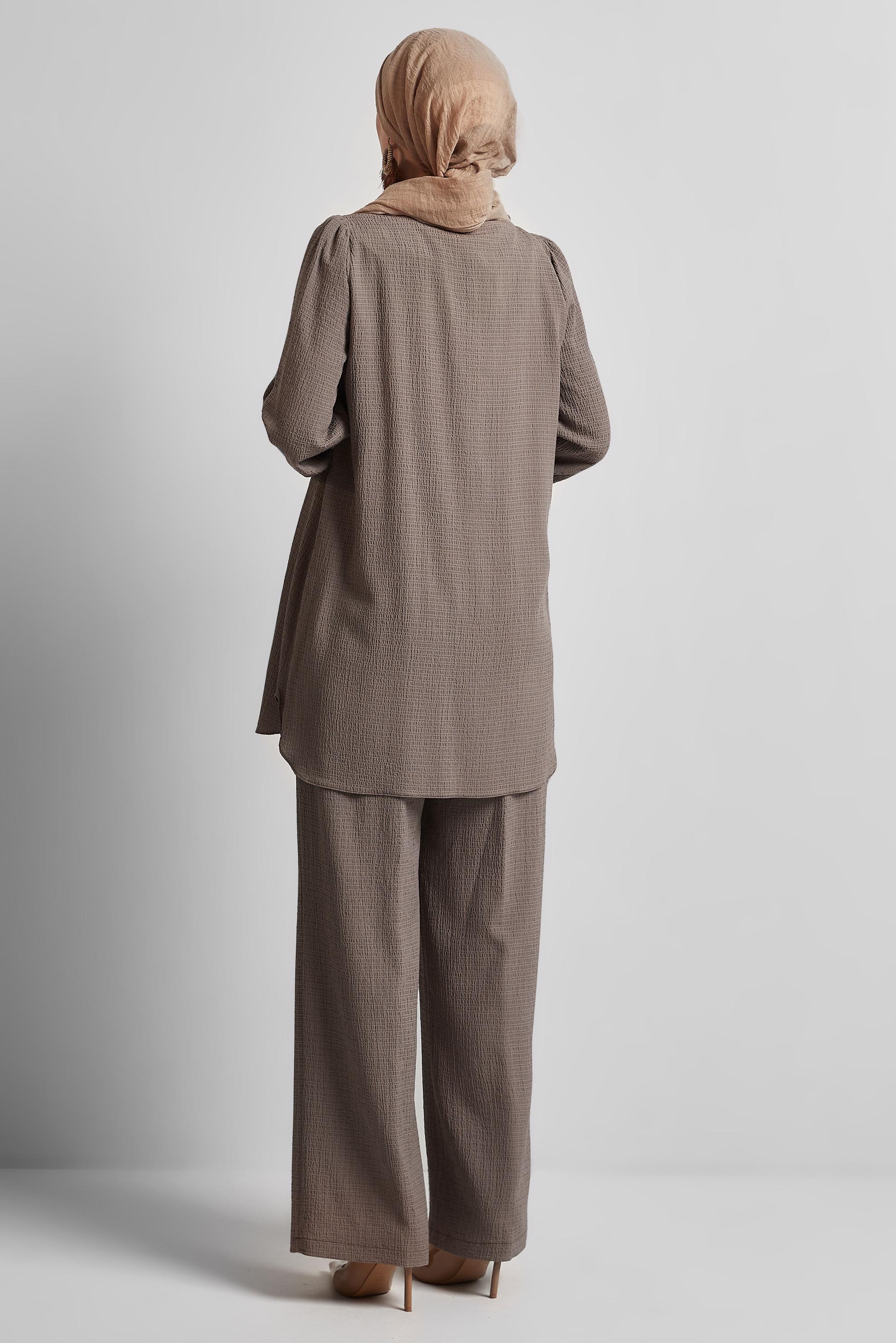 Tesettür giyim KAHVE BAĞCIK DETAYLI PANTOLONLU TAKIM 45620