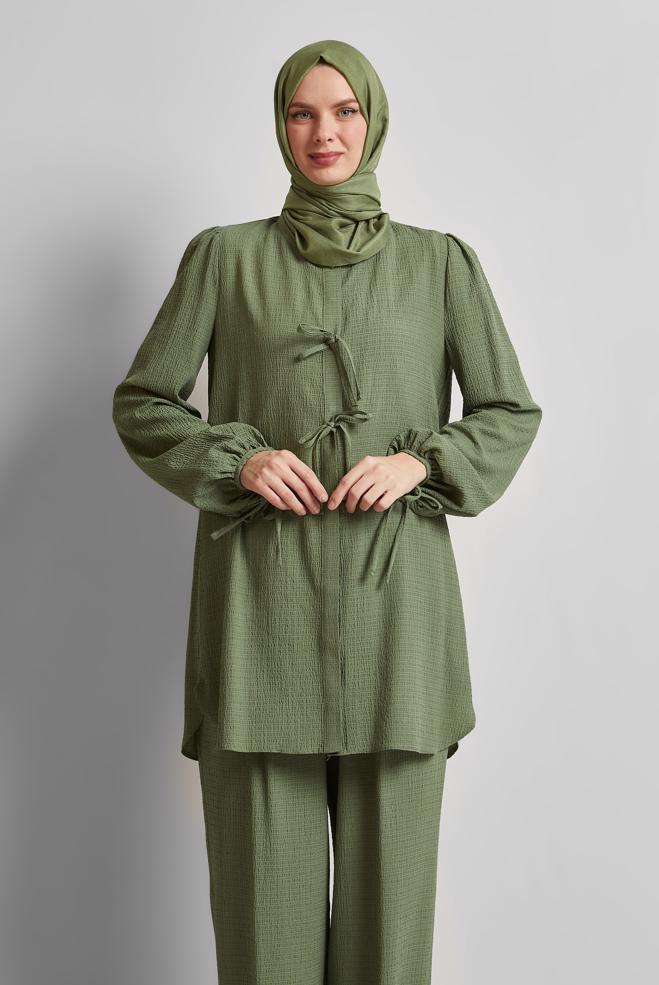 Vêtements hijab KAKI COSTUME PANTALON NOUÉ 45620 - ALVİNA