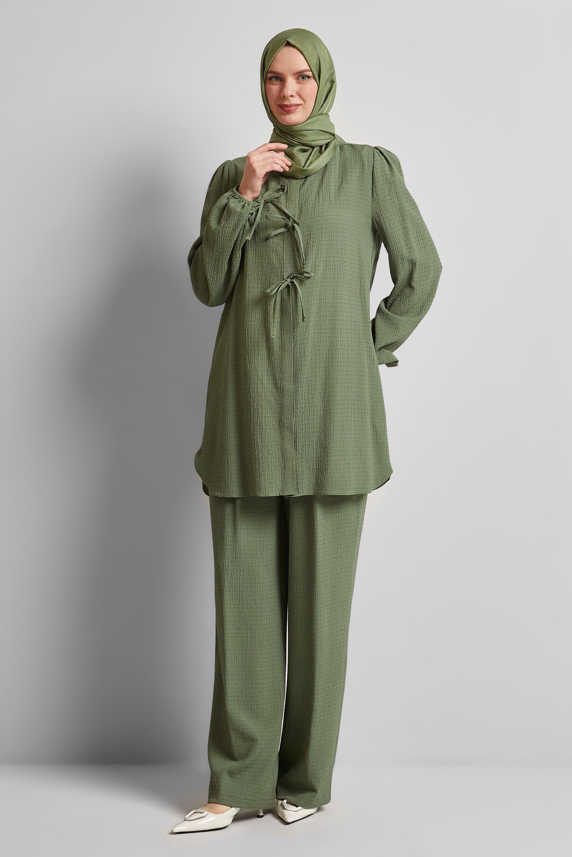 Tesettür giyim HAKİ BAĞCIK DETAYLI PANTOLONLU TAKIM 45620