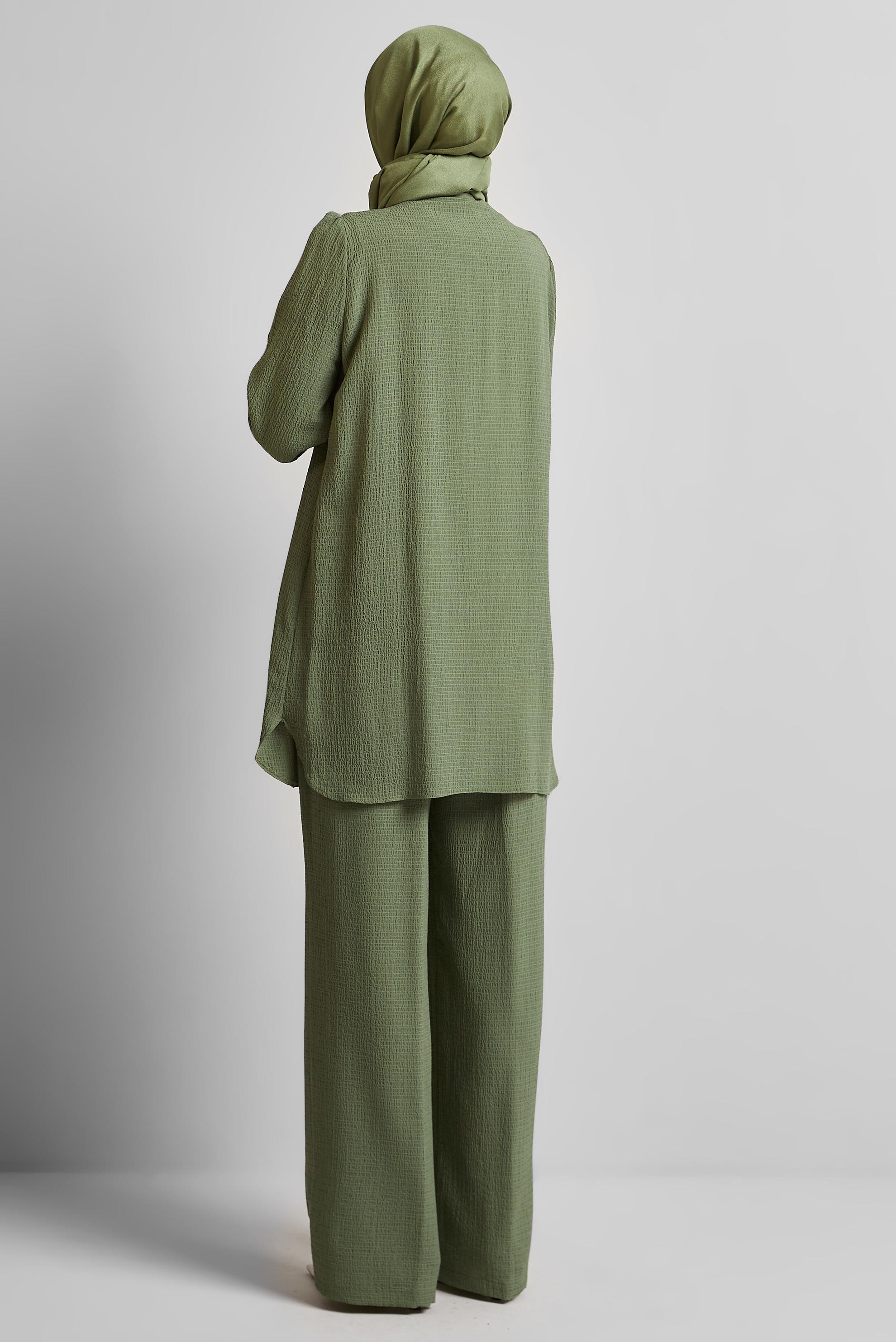 Tesettür giyim HAKİ BAĞCIK DETAYLI PANTOLONLU TAKIM 45620