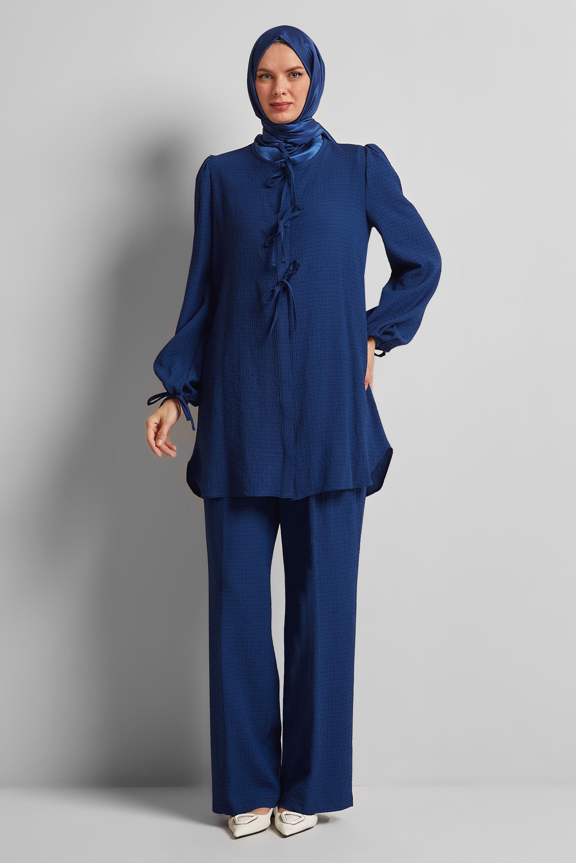 Tesettür giyim LACİVERT BAĞCIK DETAYLI PANTOLONLU TAKIM 45620