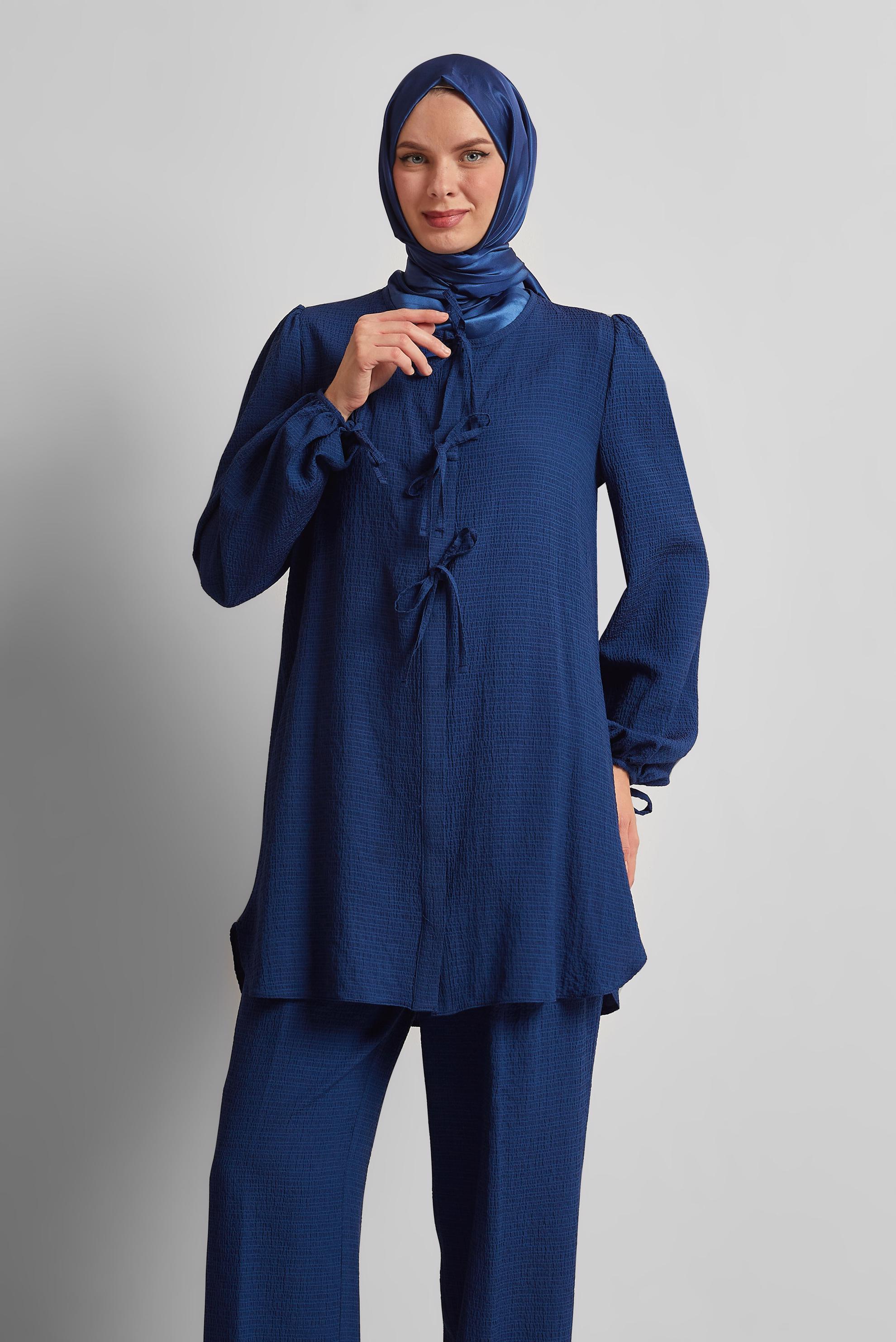 Tesettür giyim LACİVERT BAĞCIK DETAYLI PANTOLONLU TAKIM 45620
