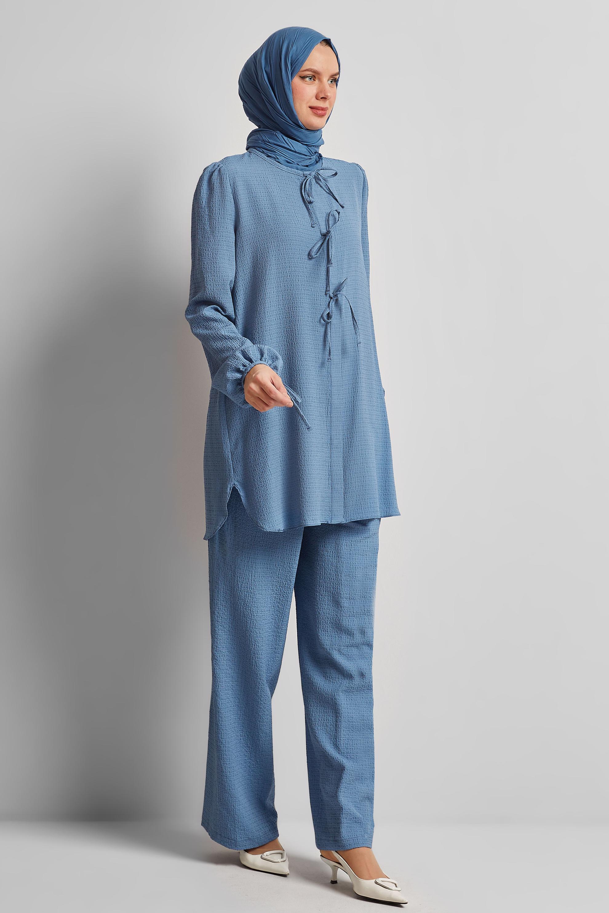 Tesettür giyim LACİVERT BAĞCIK DETAYLI PANTOLONLU TAKIM 45620