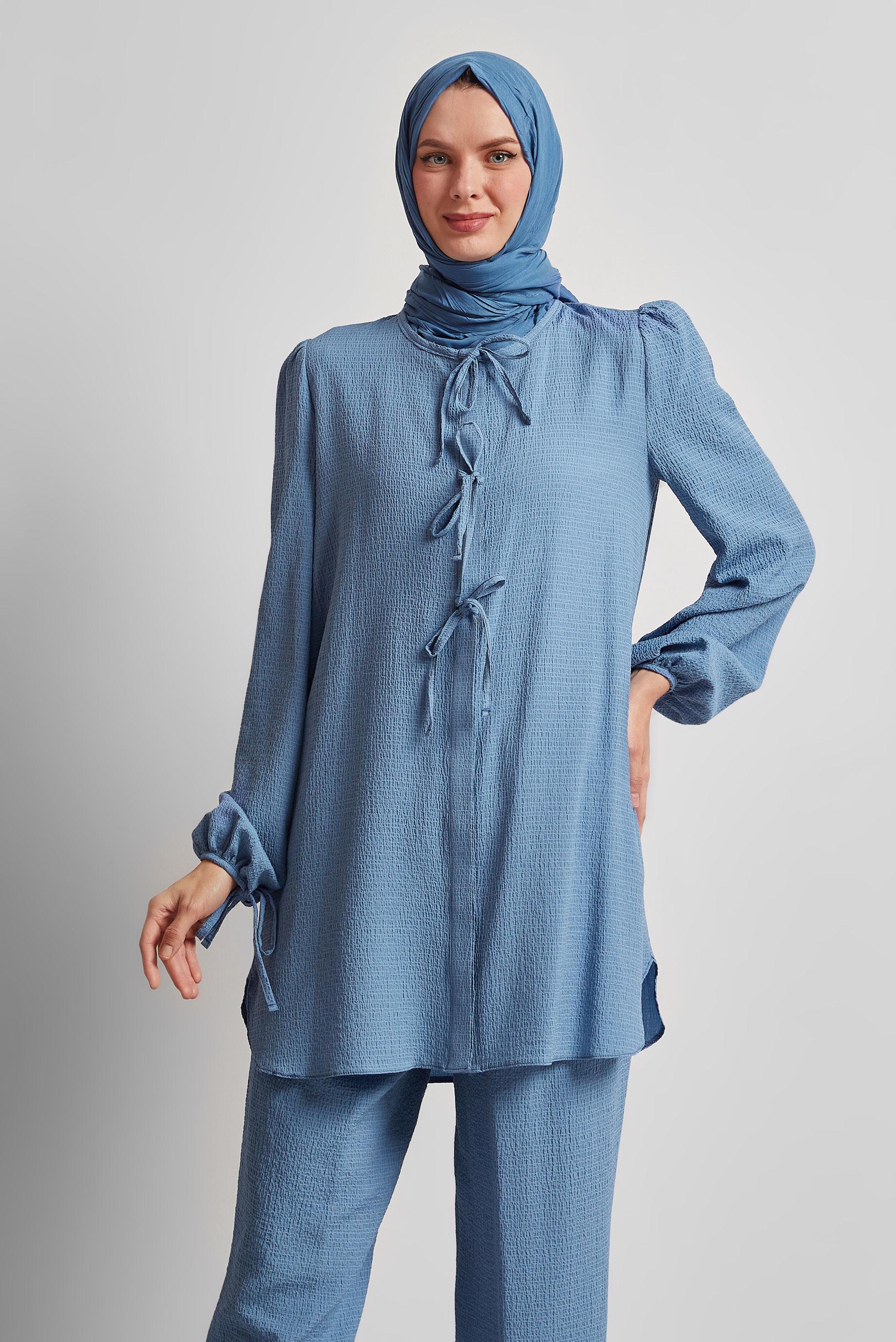 Tesettür giyim LACİVERT BAĞCIK DETAYLI PANTOLONLU TAKIM 45620