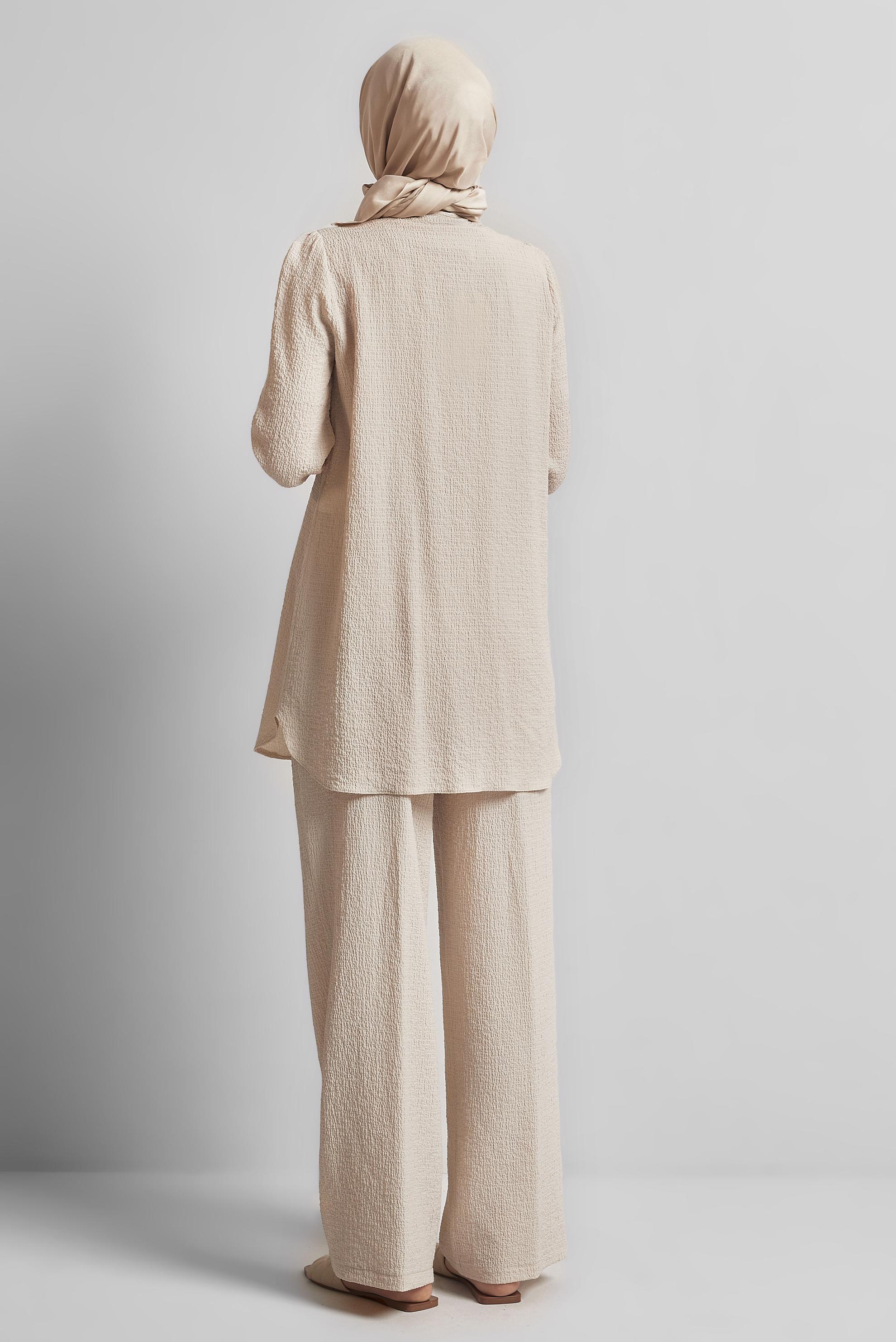 Tesettür giyim BEJ BAĞCIK DETAYLI PANTOLONLU TAKIM 45620