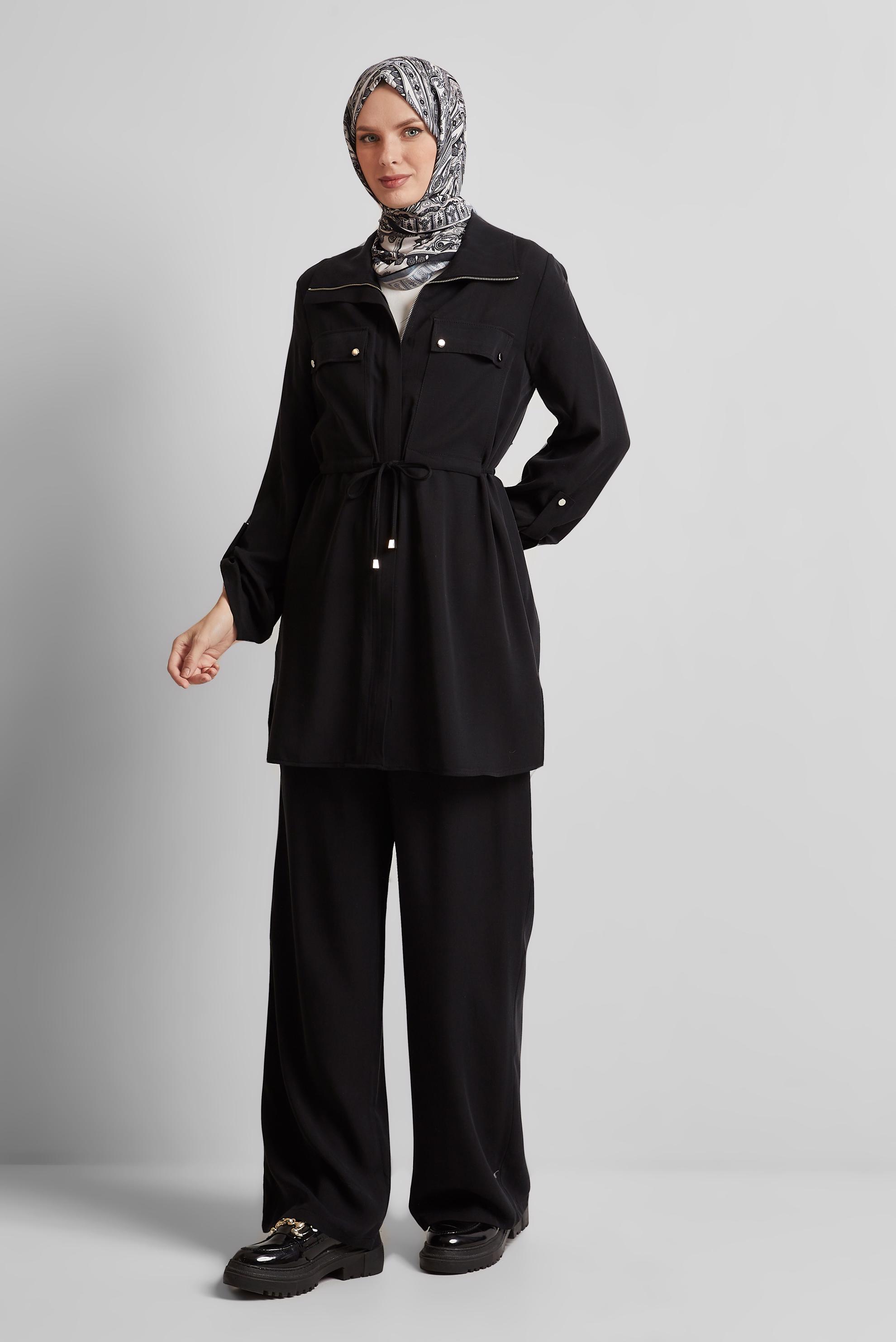 Tesettür giyim SİYAH BAĞCIKLI PANTOLONLU TAKIM 45642