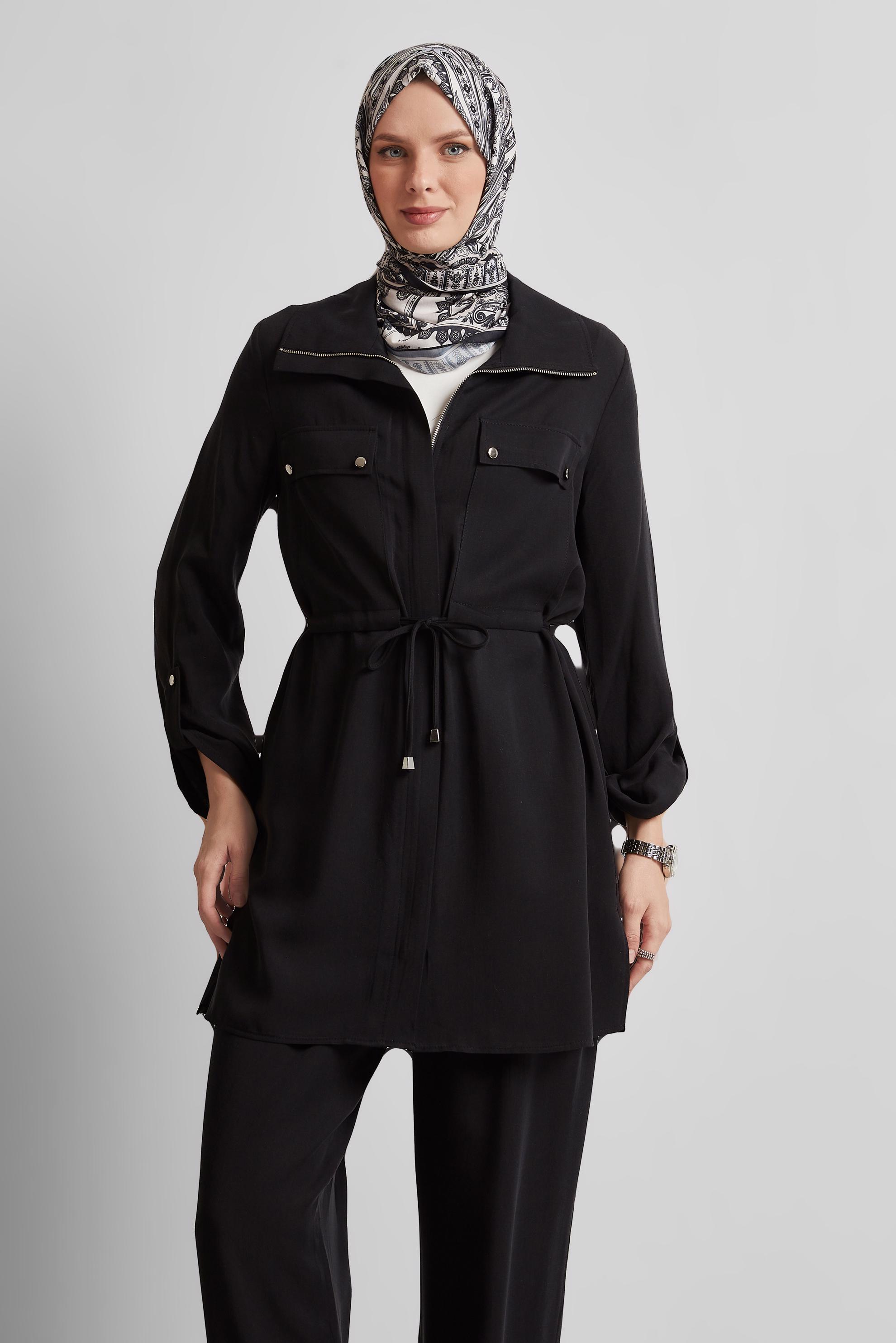 Tesettür giyim SİYAH BAĞCIKLI PANTOLONLU TAKIM 45642