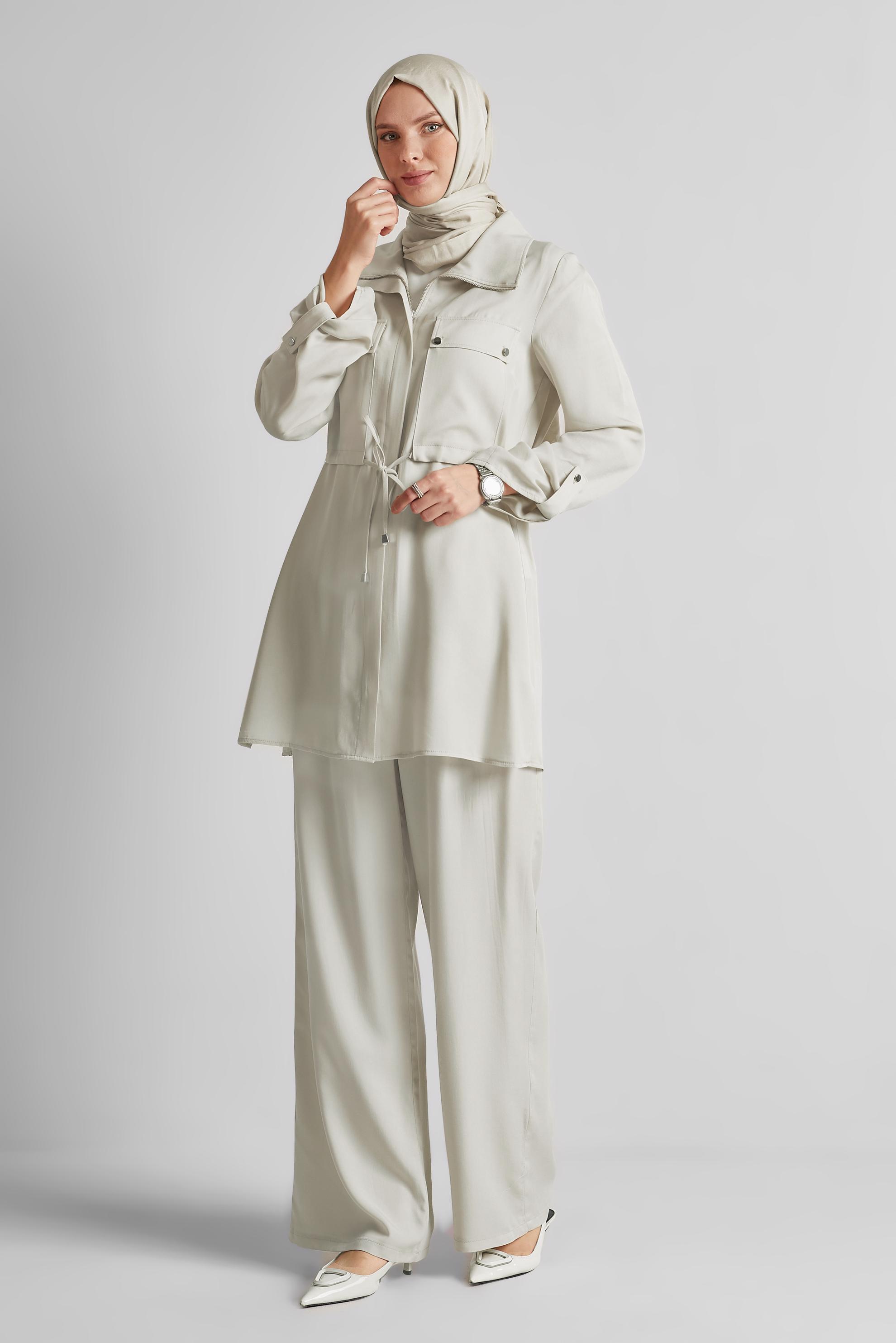 Tesettür giyim BEJ BAĞCIKLI PANTOLONLU TAKIM 45642