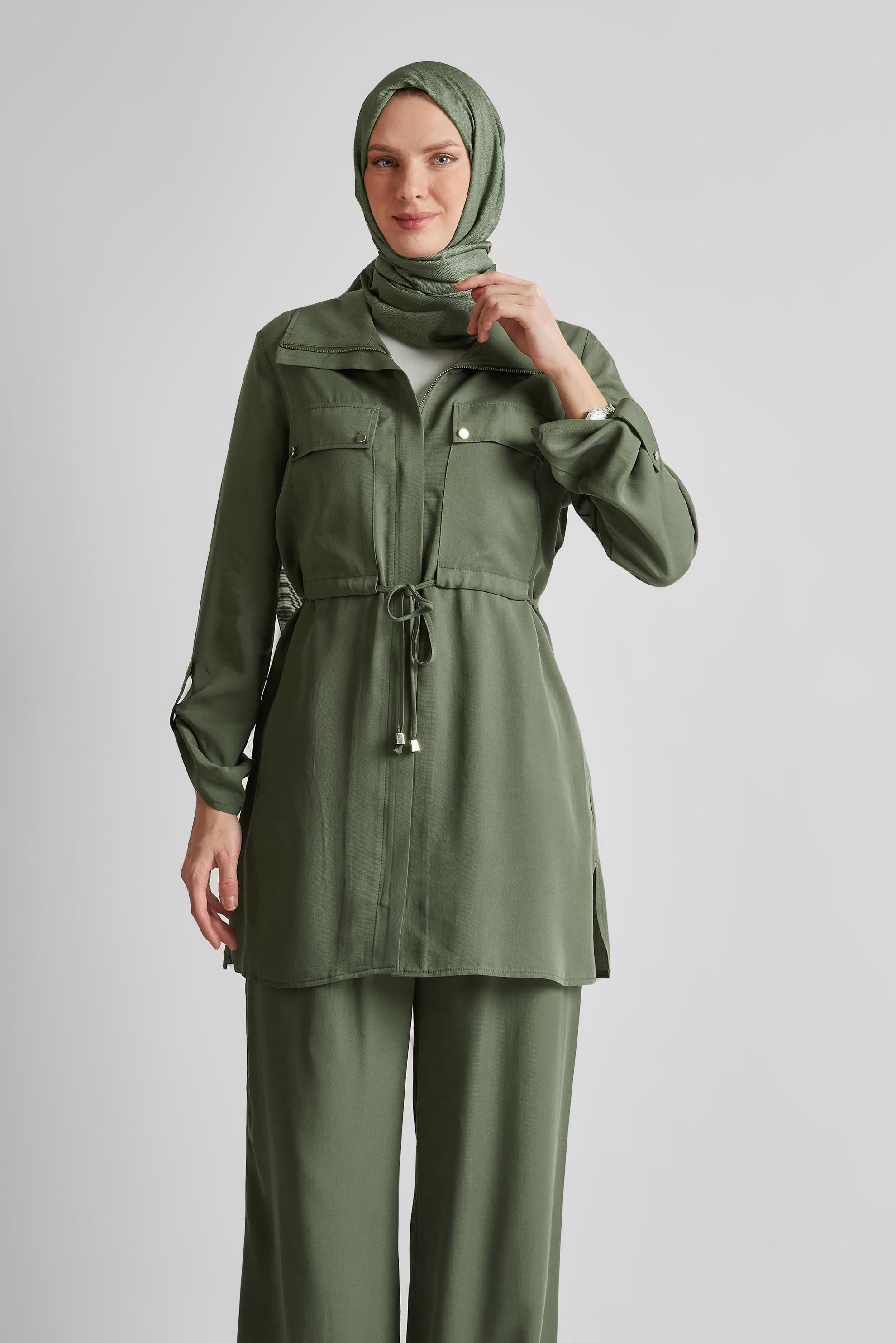 Tesettür giyim HAKİ BAĞCIKLI PANTOLONLU TAKIM 45642