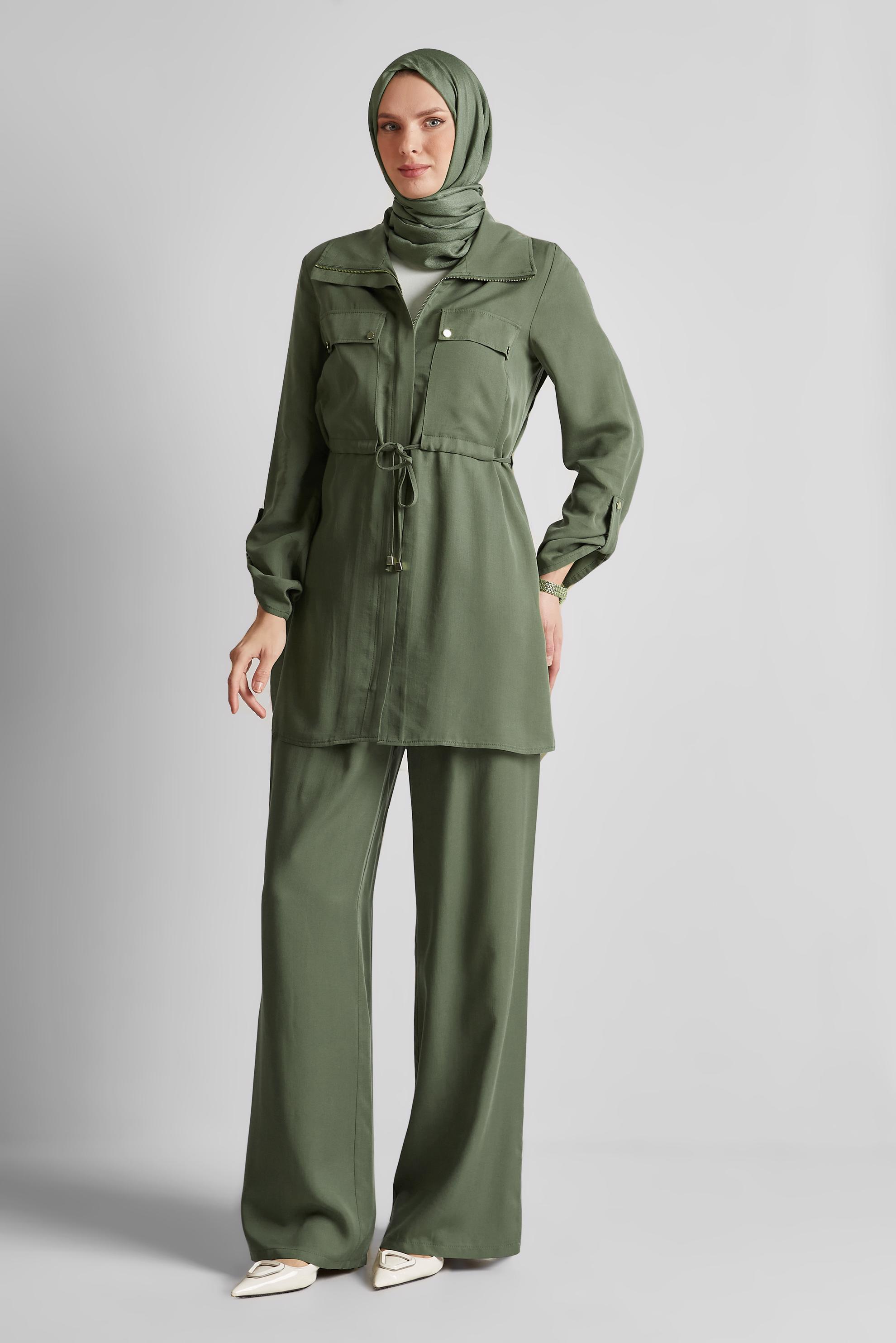 Tesettür giyim HAKİ BAĞCIKLI PANTOLONLU TAKIM 45642