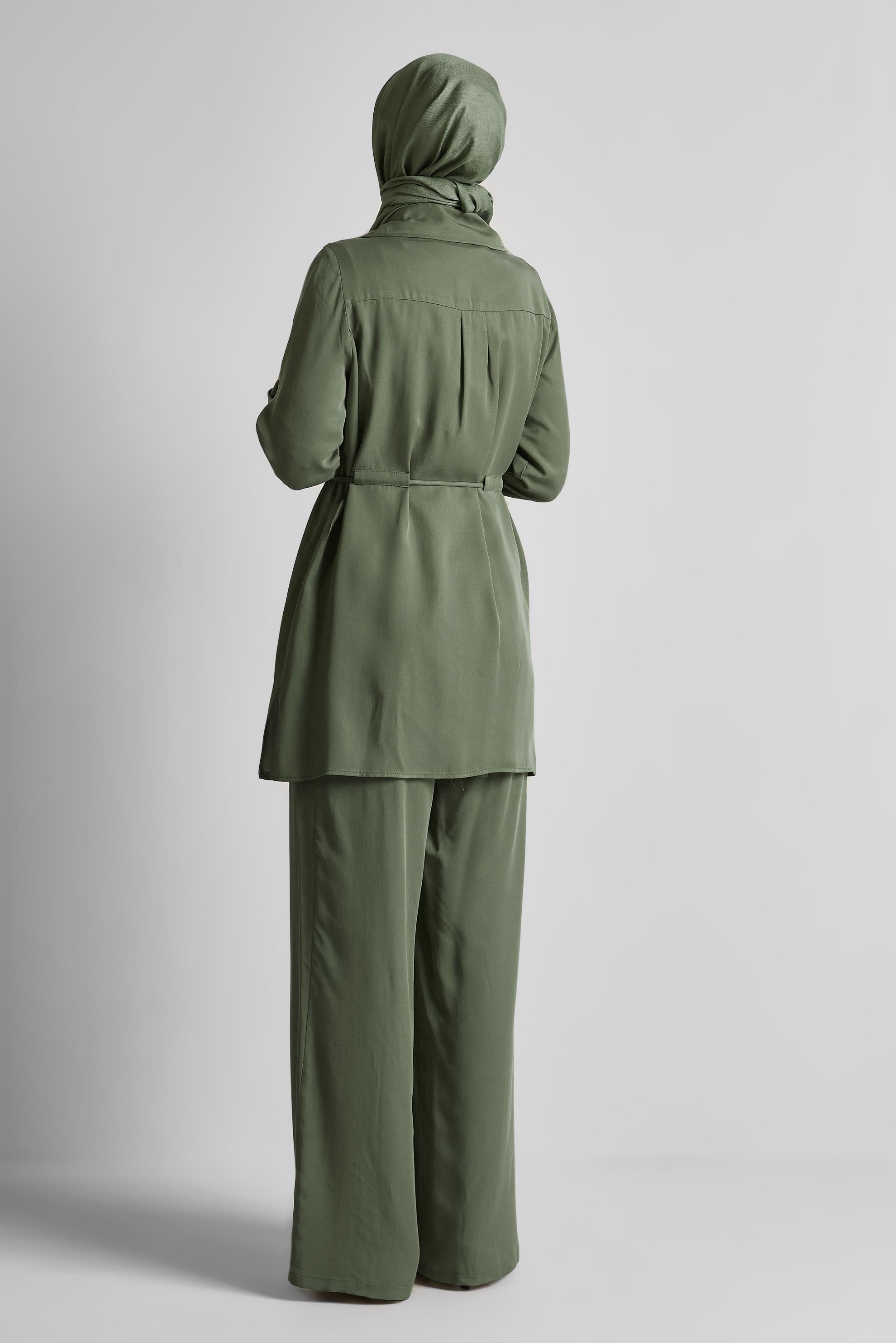 Tesettür giyim HAKİ BAĞCIKLI PANTOLONLU TAKIM 45642