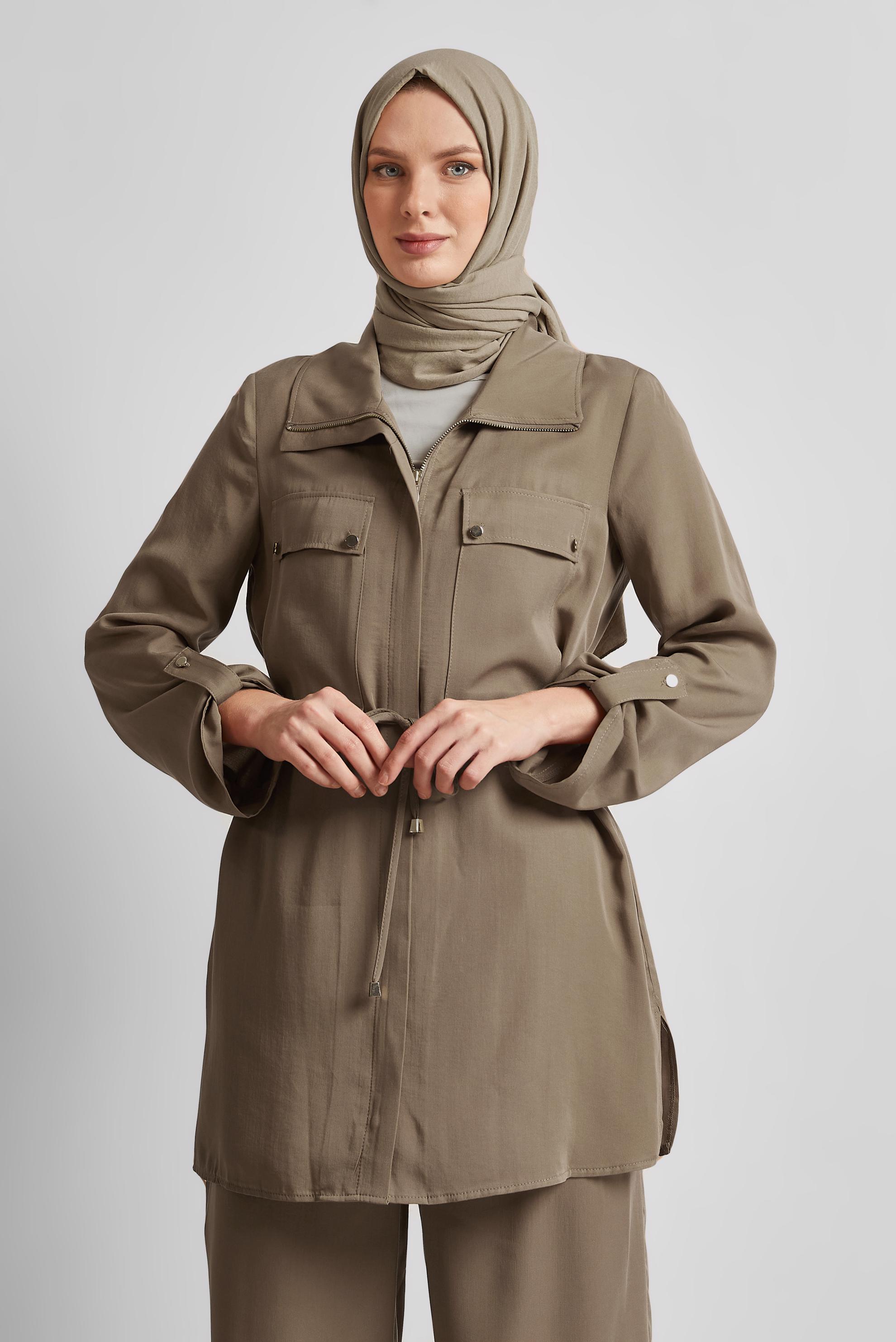 Tesettür giyim KAHVE BAĞCIKLI PANTOLONLU TAKIM 45642