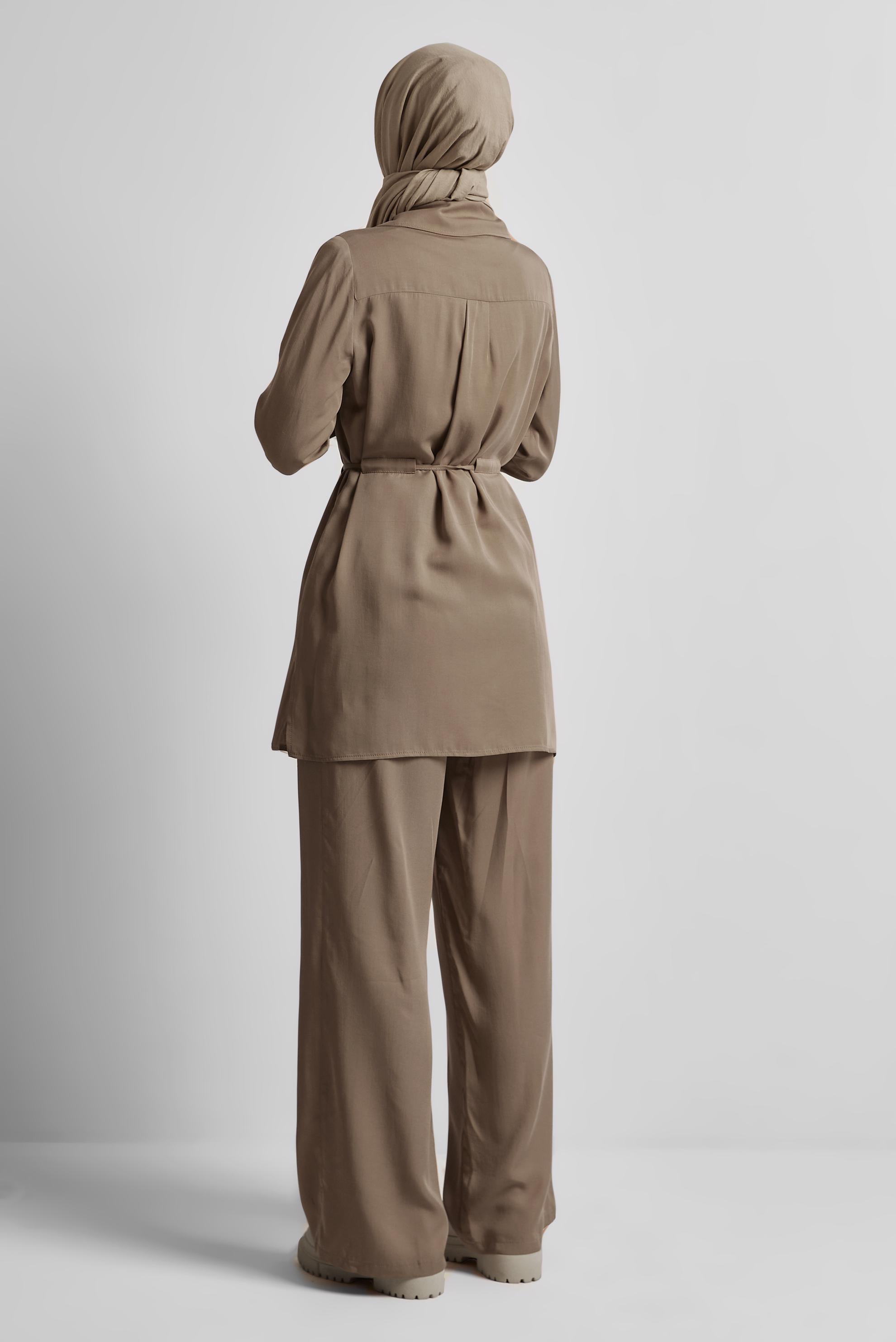 Tesettür giyim KAHVE BAĞCIKLI PANTOLONLU TAKIM 45642