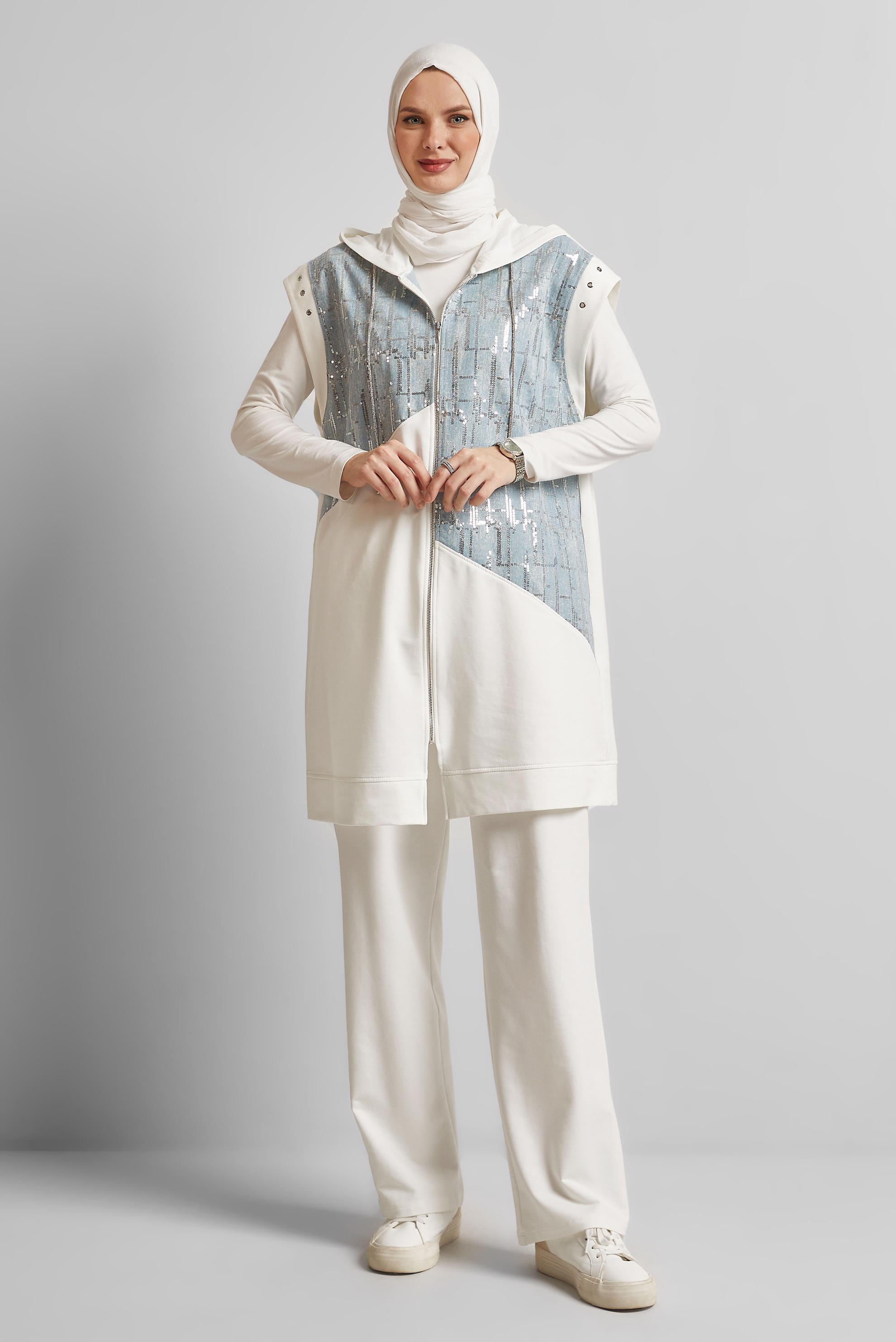 Tesettür giyim BEYAZ KAPÜŞONLU PANTOLONLU EŞOFMAN TAKIM 45664