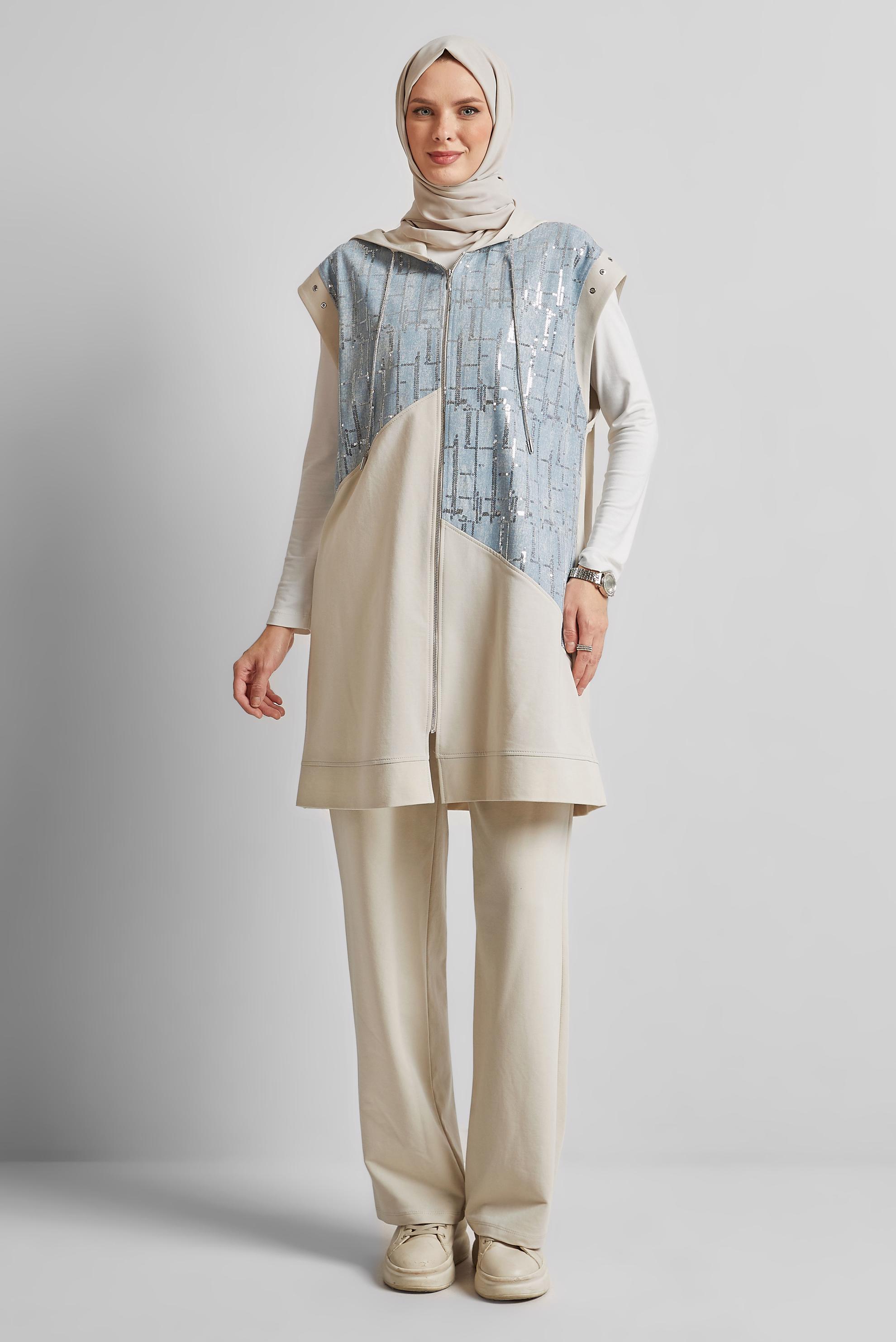 Tesettür giyim BEJ KAPÜŞONLU PANTOLONLU EŞOFMAN TAKIM 45664