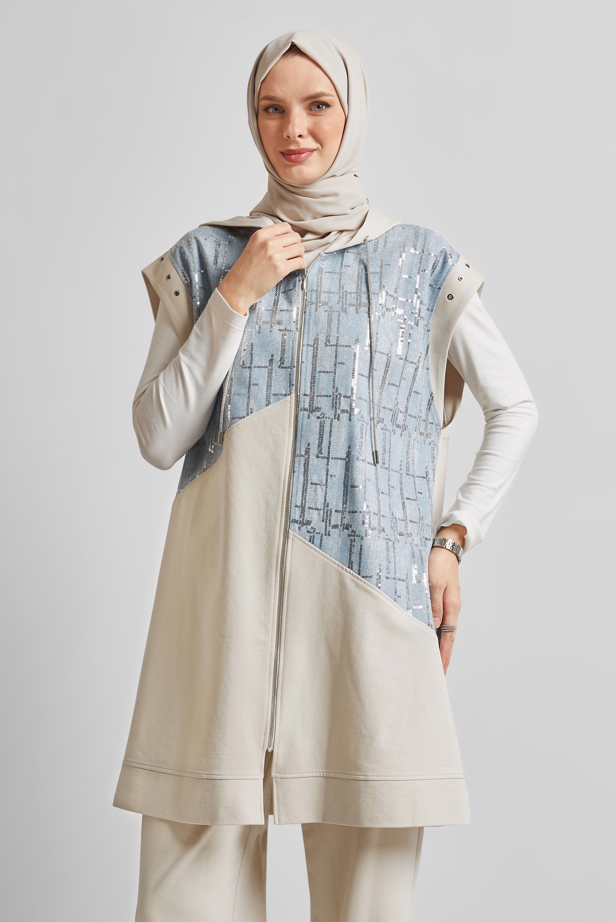 Tesettür giyim BEJ KAPÜŞONLU PANTOLONLU EŞOFMAN TAKIM 45664