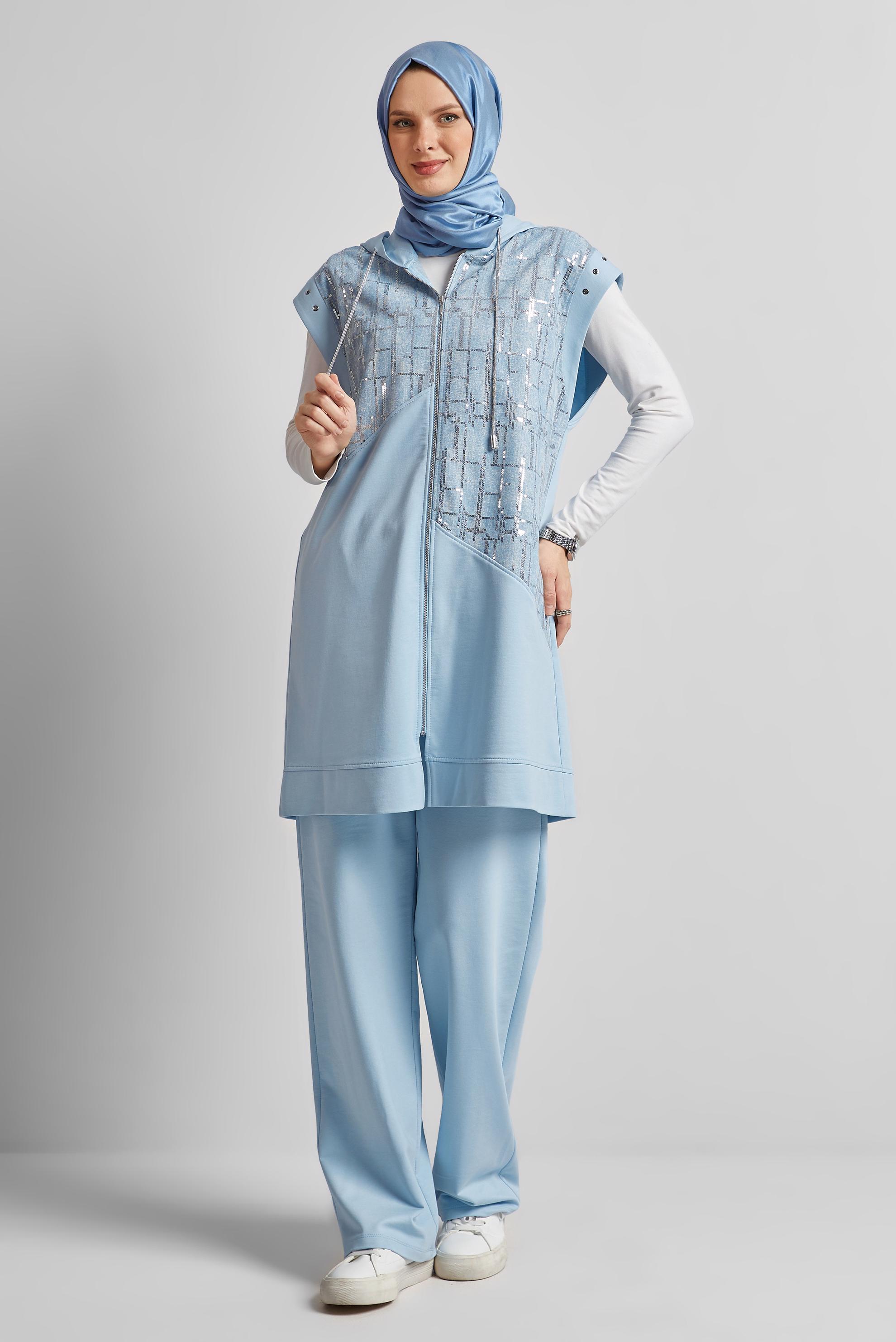 Tesettür giyim MAVİ KAPÜŞONLU PANTOLONLU EŞOFMAN TAKIM 45664