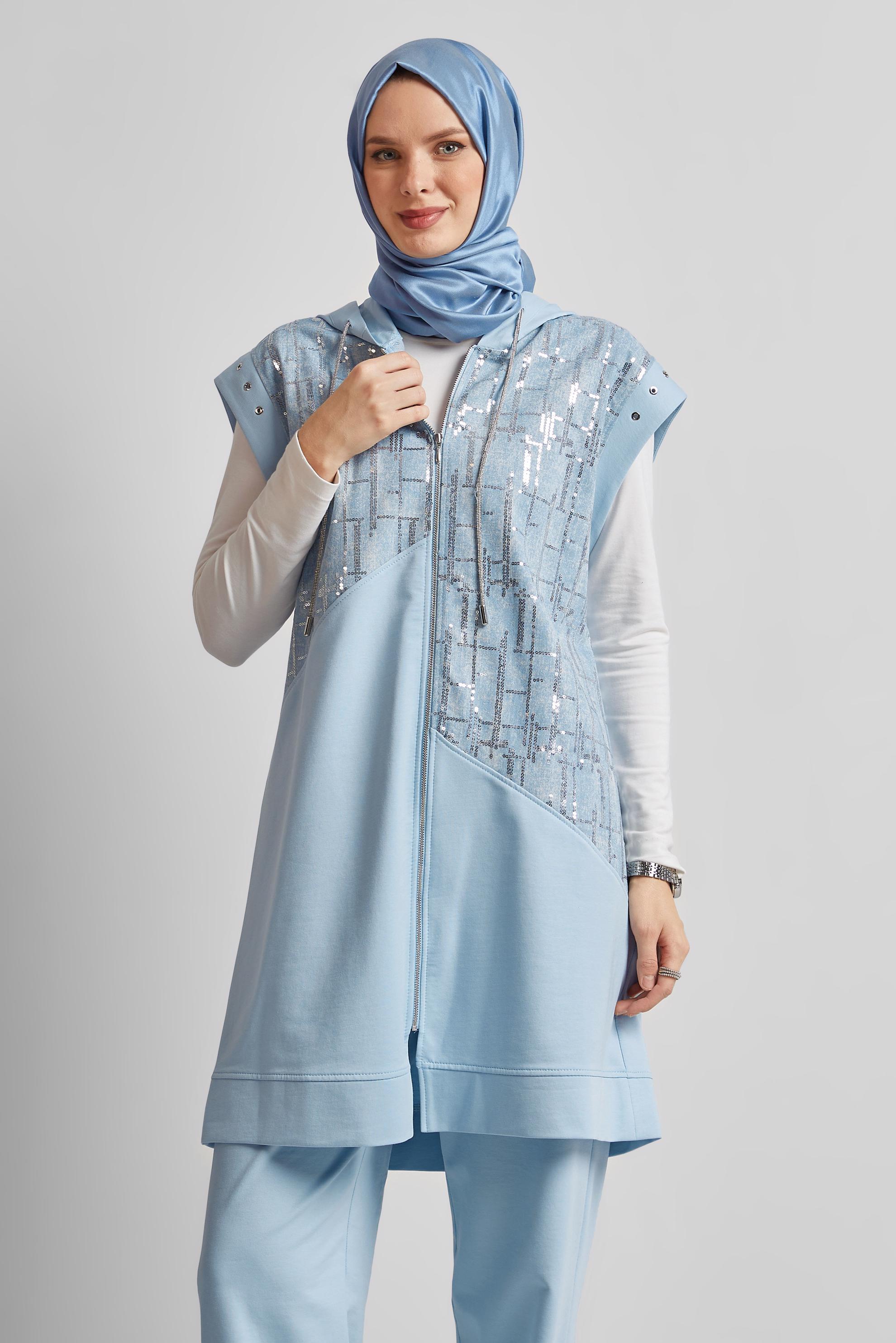 Tesettür giyim MAVİ KAPÜŞONLU PANTOLONLU EŞOFMAN TAKIM 45664