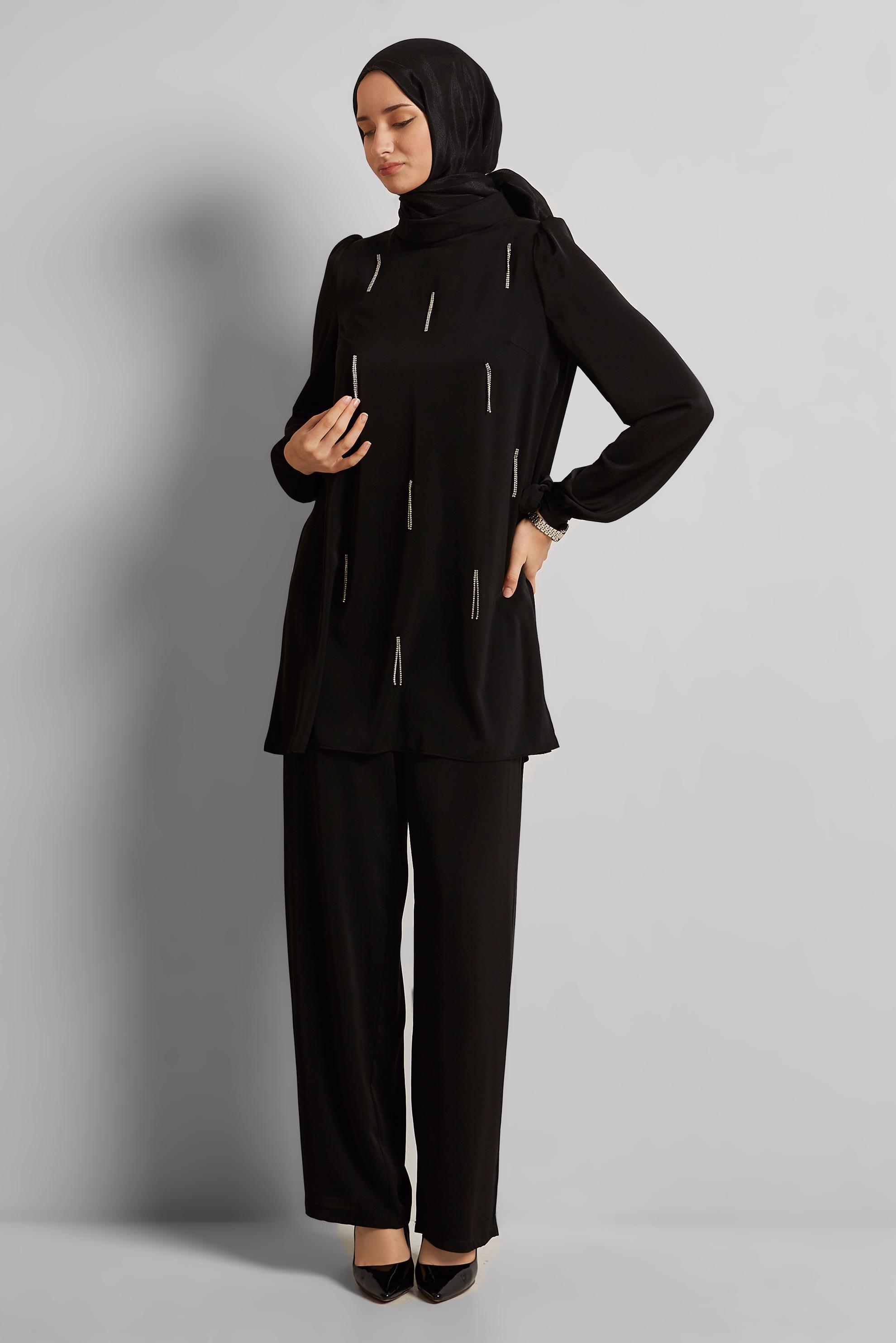 Vêtements hijab NOIR COSTUME PANTALON BRODÉ GEMME 45669