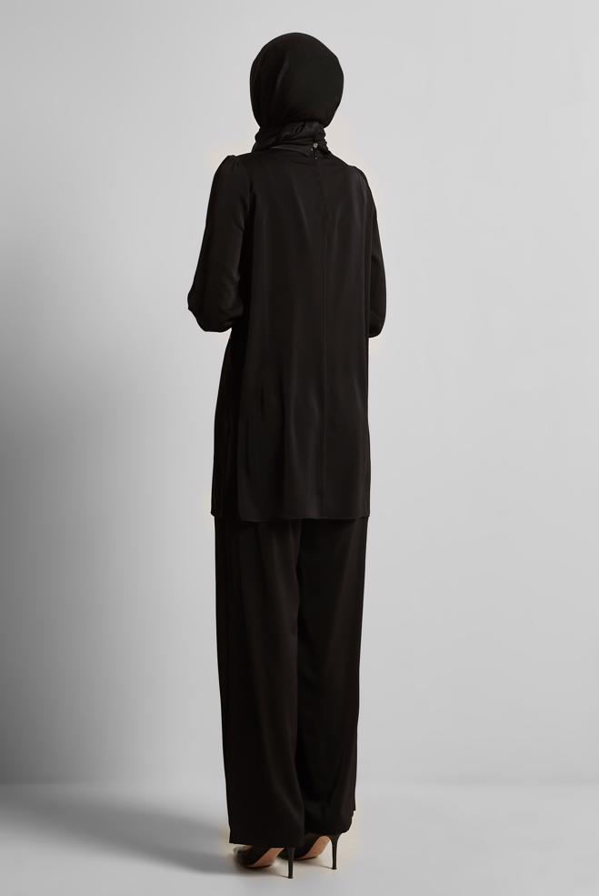 Tesettür giyim SİYAH TAŞ DETAYLI PANTOLONLU TAKIM 45669 - ALVİNA