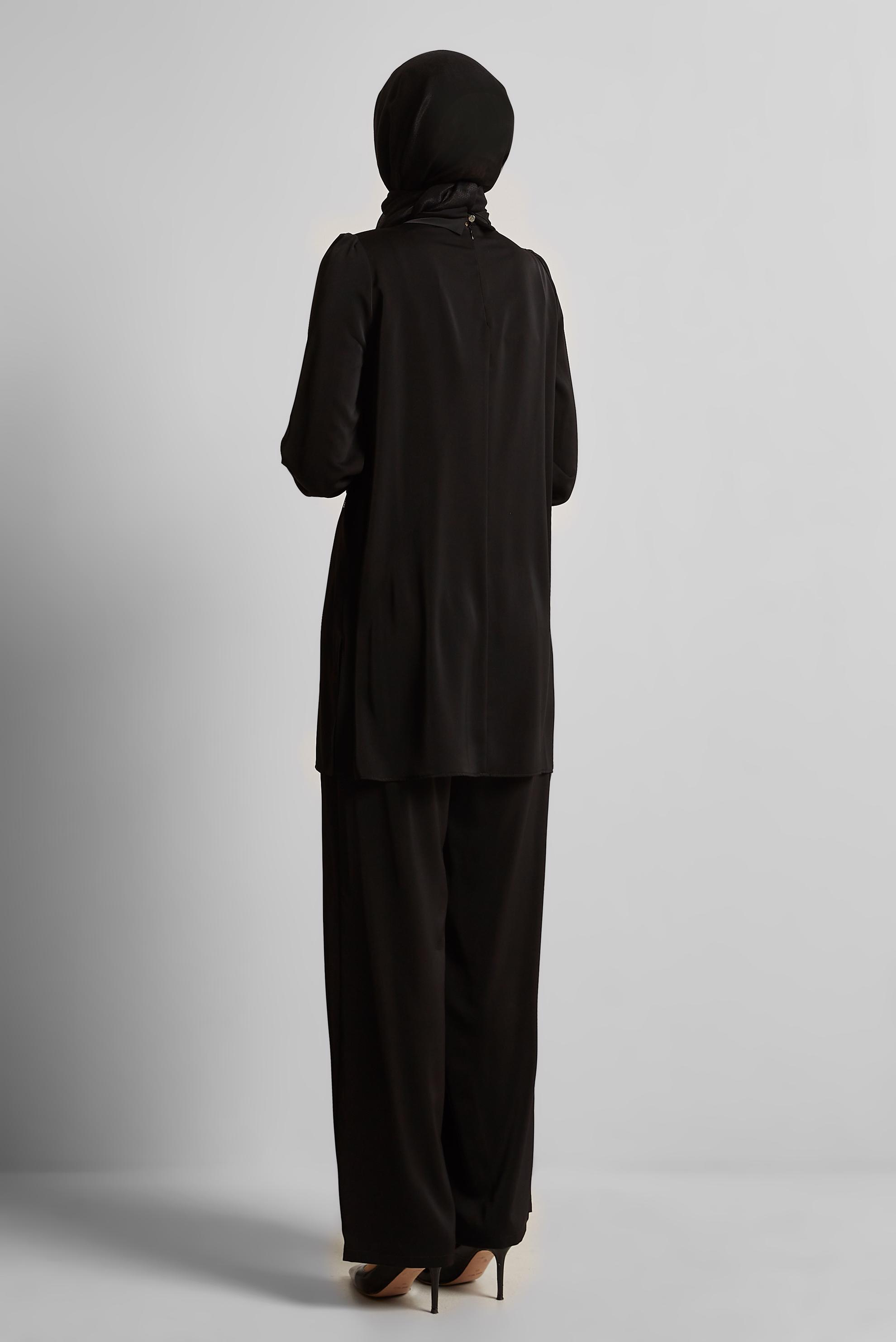 Vêtements hijab NOIR COSTUME PANTALON BRODÉ GEMME 45669