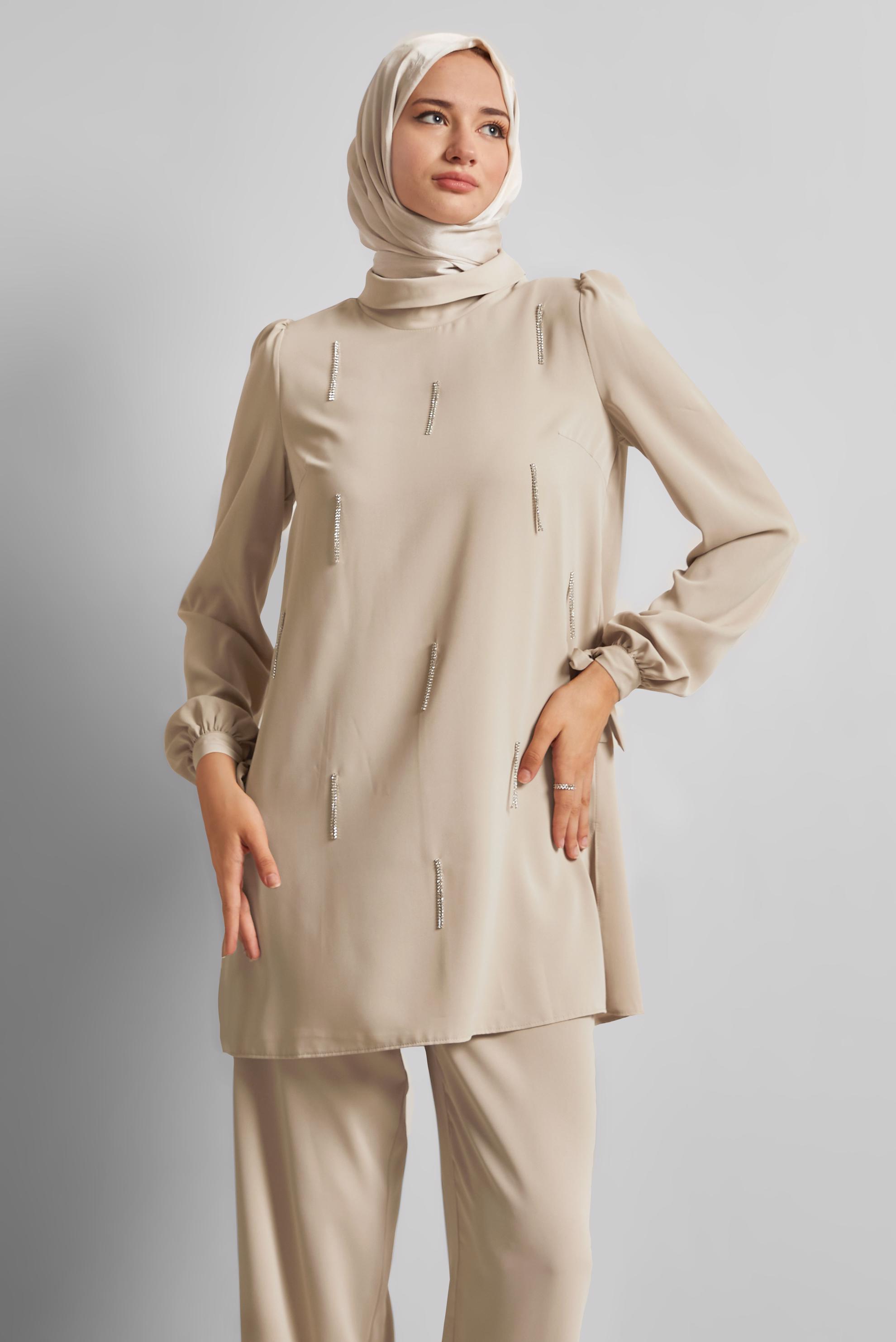 Vêtements hijab BEIGE COSTUME PANTALON BRODÉ GEMME 45669