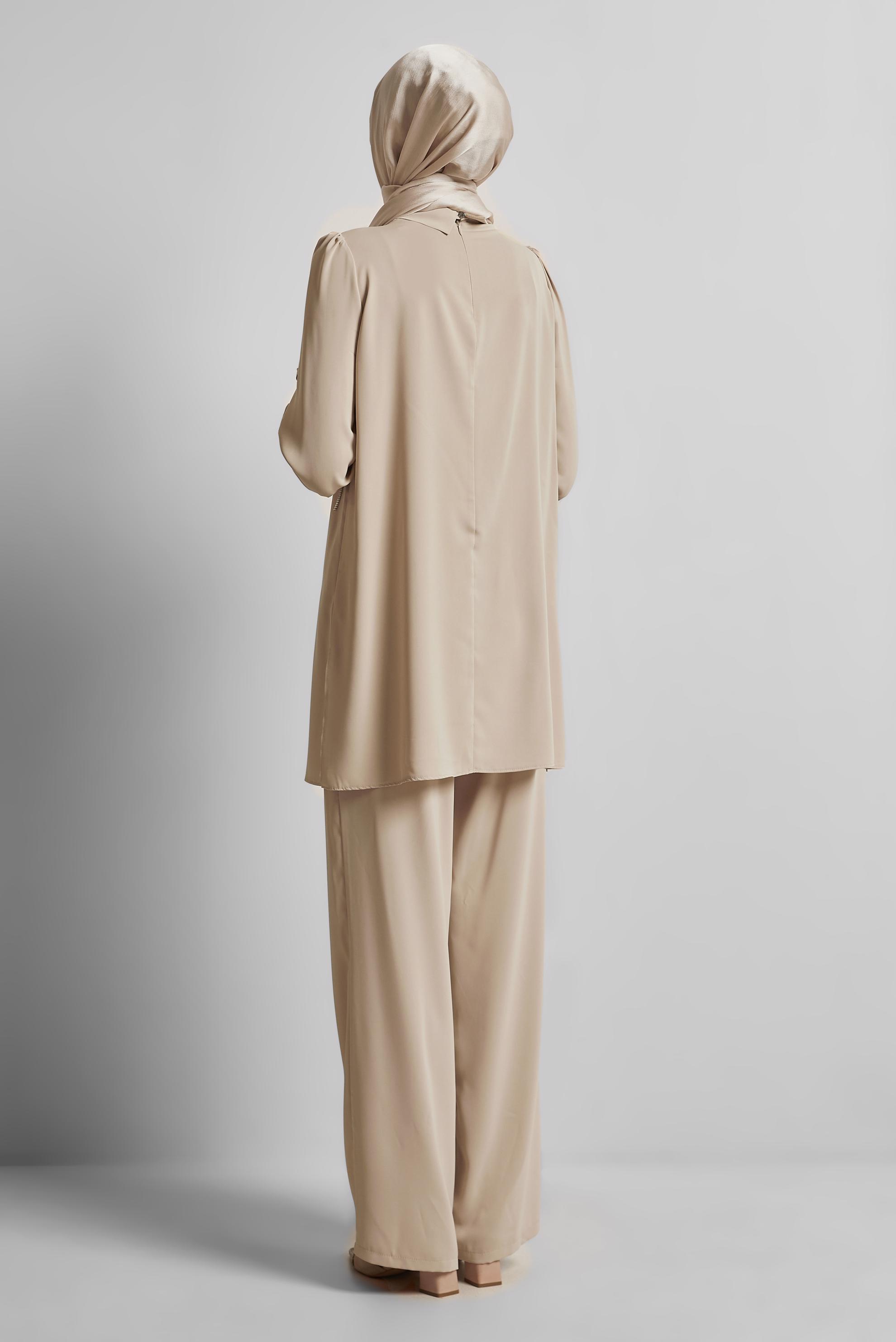 Vêtements hijab BEIGE COSTUME PANTALON BRODÉ GEMME 45669