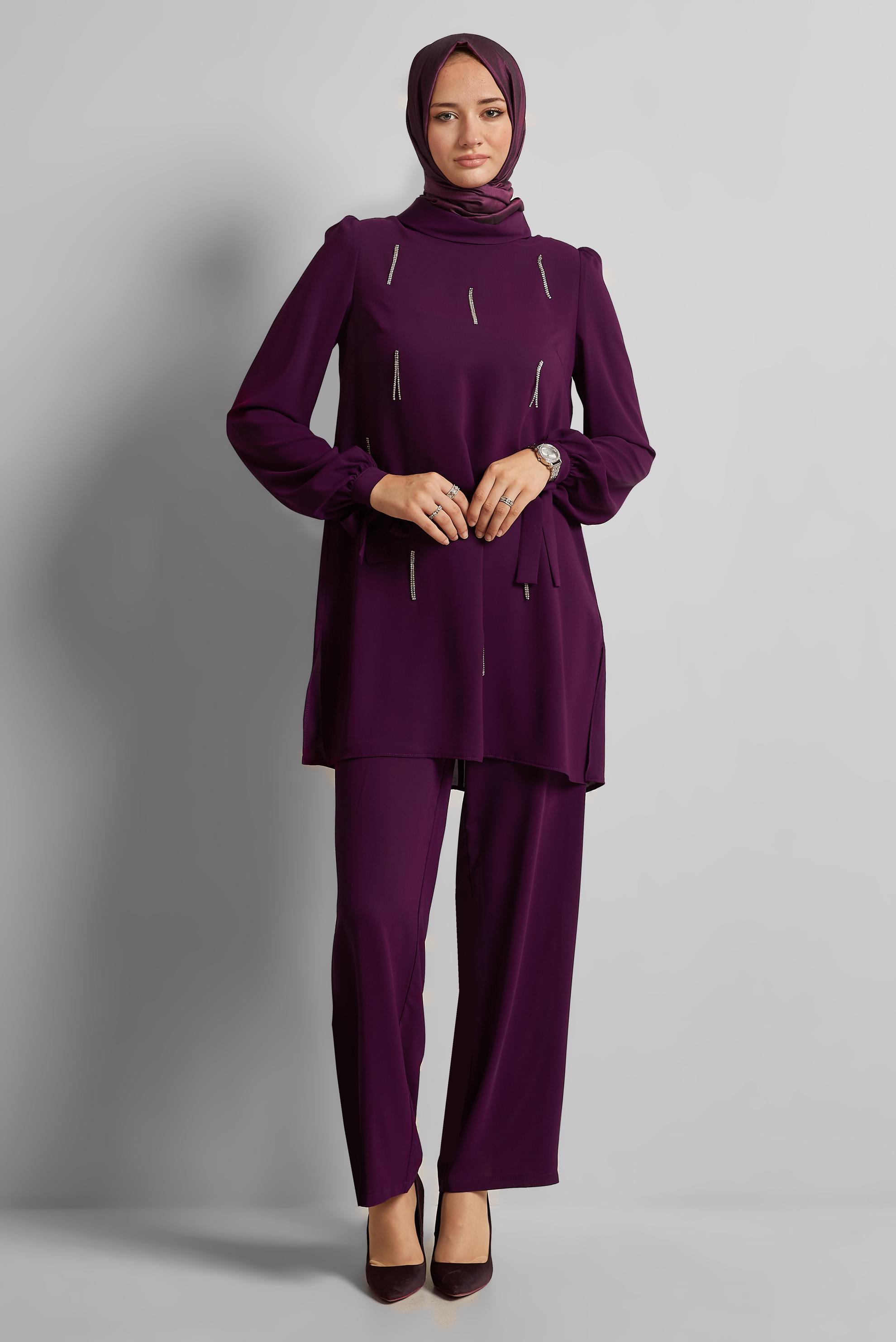 Vêtements hijab PRUNE COSTUME PANTALON BRODÉ GEMME 45669