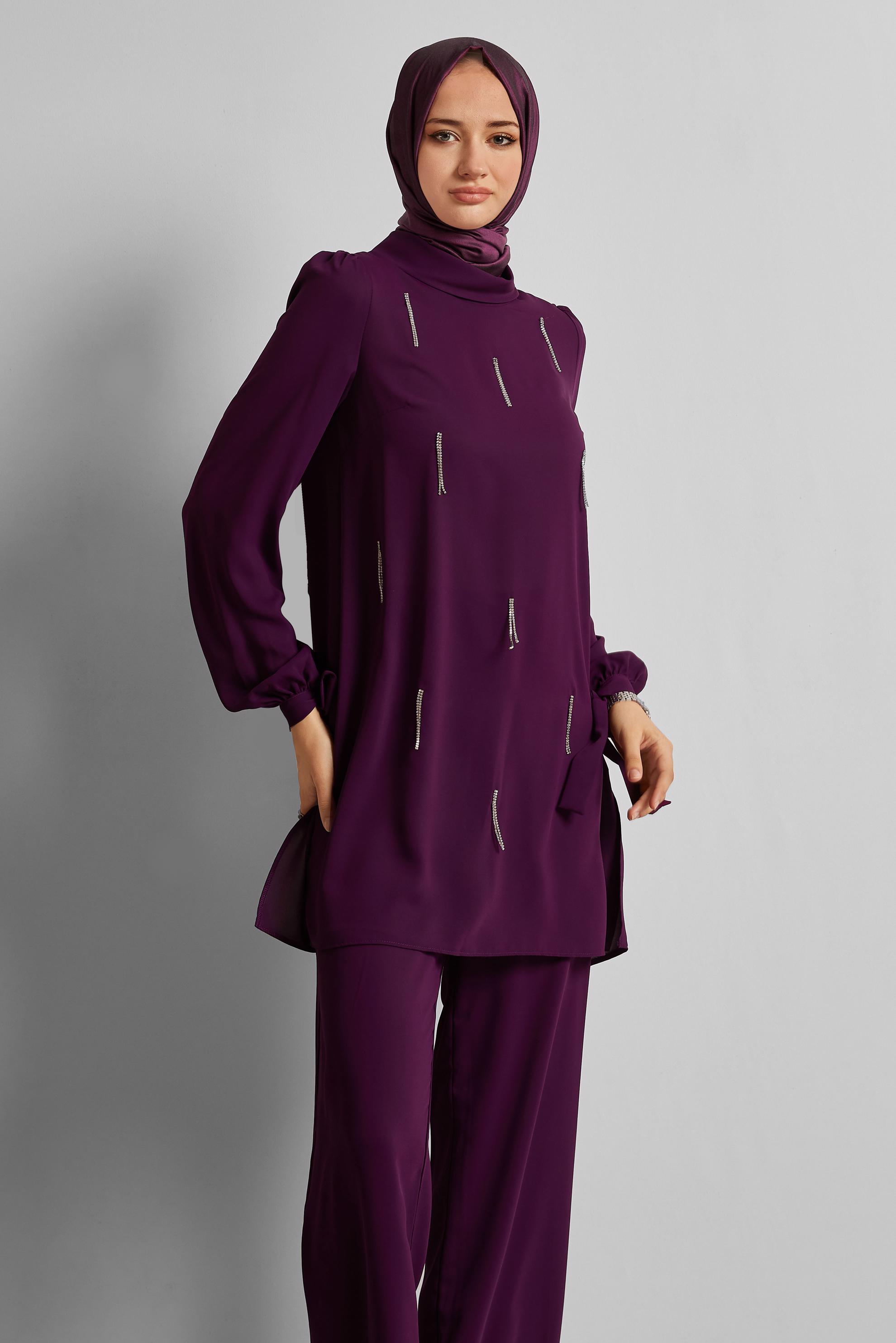 Vêtements hijab PRUNE COSTUME PANTALON BRODÉ GEMME 45669