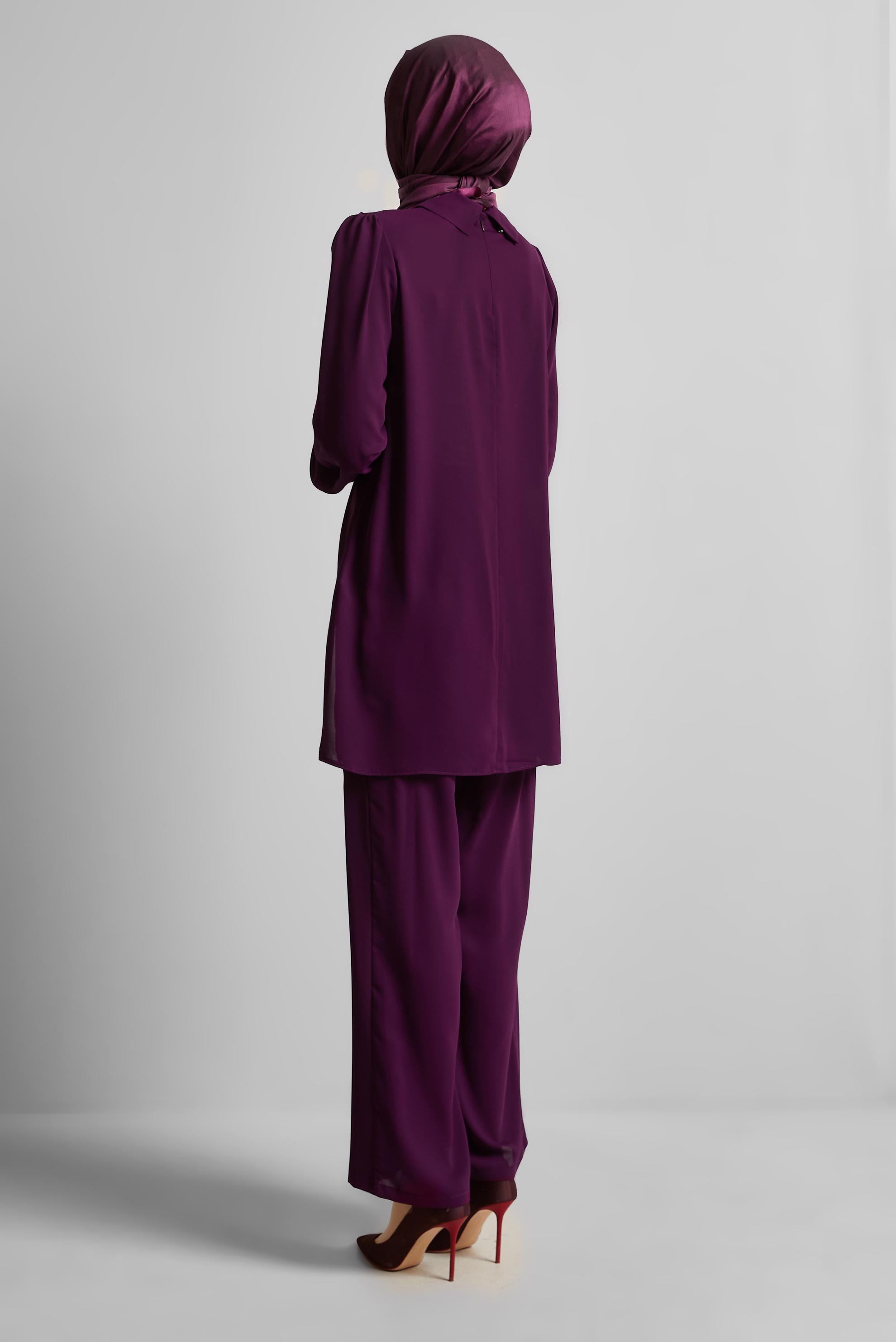 Vêtements hijab PRUNE COSTUME PANTALON BRODÉ GEMME 45669