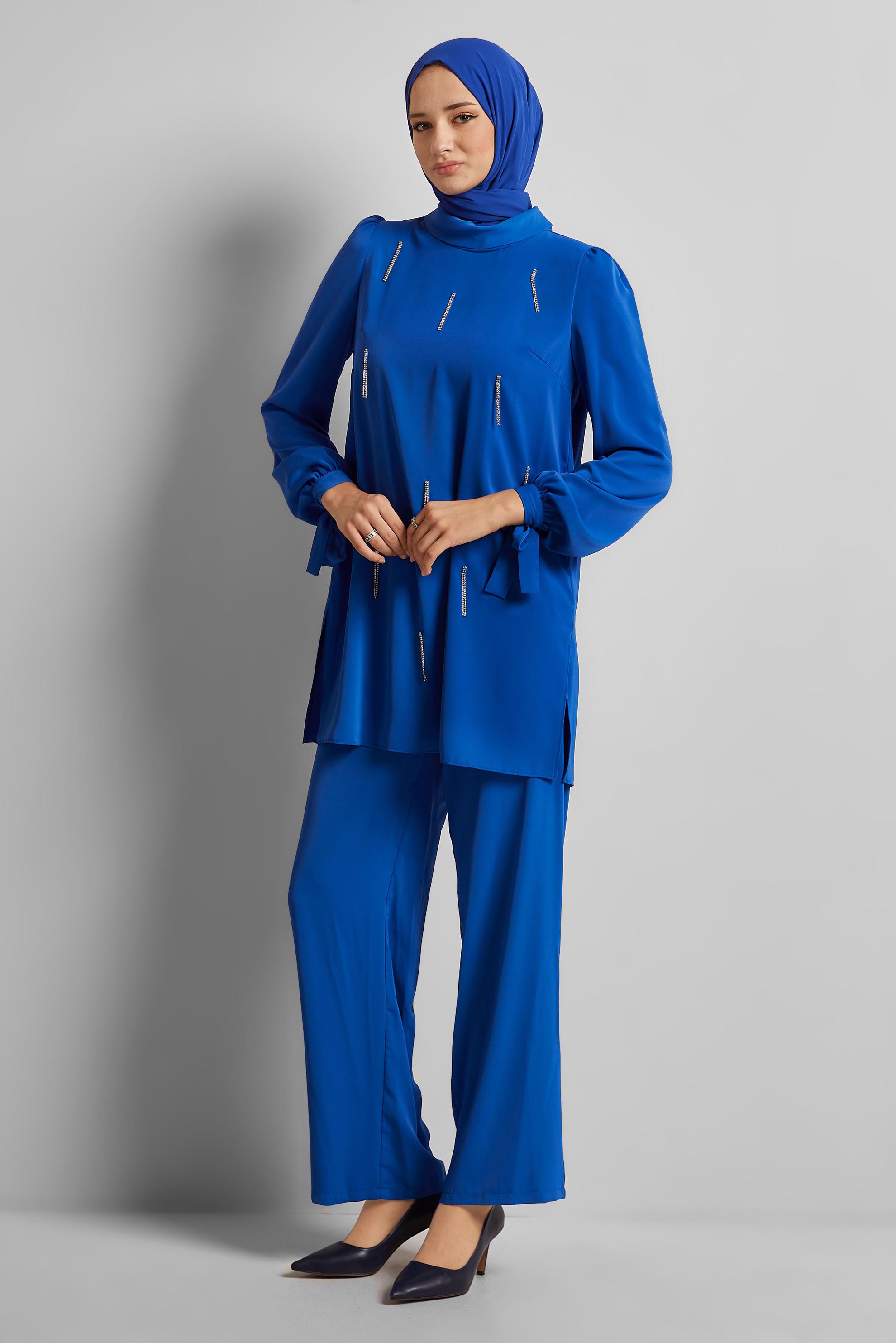 Vêtements hijab BLEU MARINE COSTUME PANTALON BRODÉ GEMME 45669