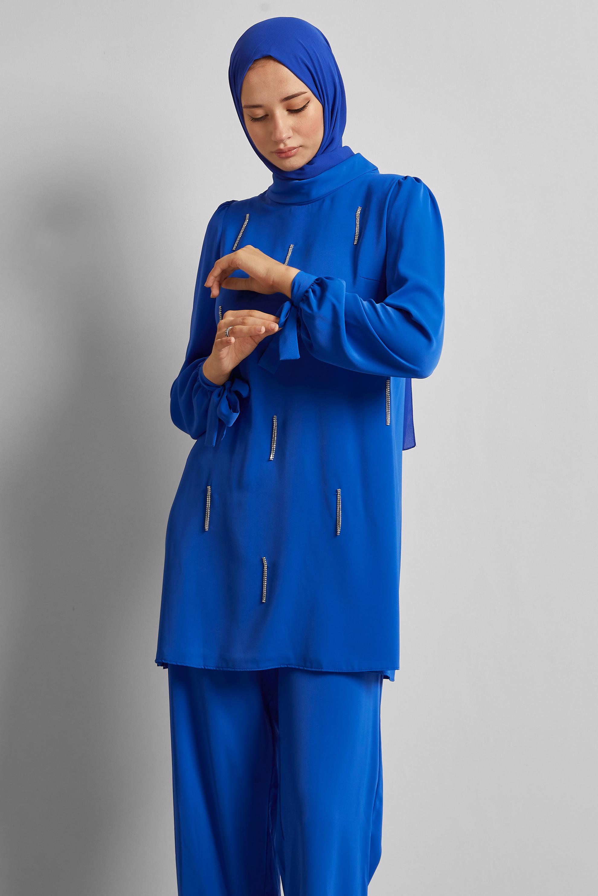 Vêtements hijab BLEU MARINE COSTUME PANTALON BRODÉ GEMME 45669