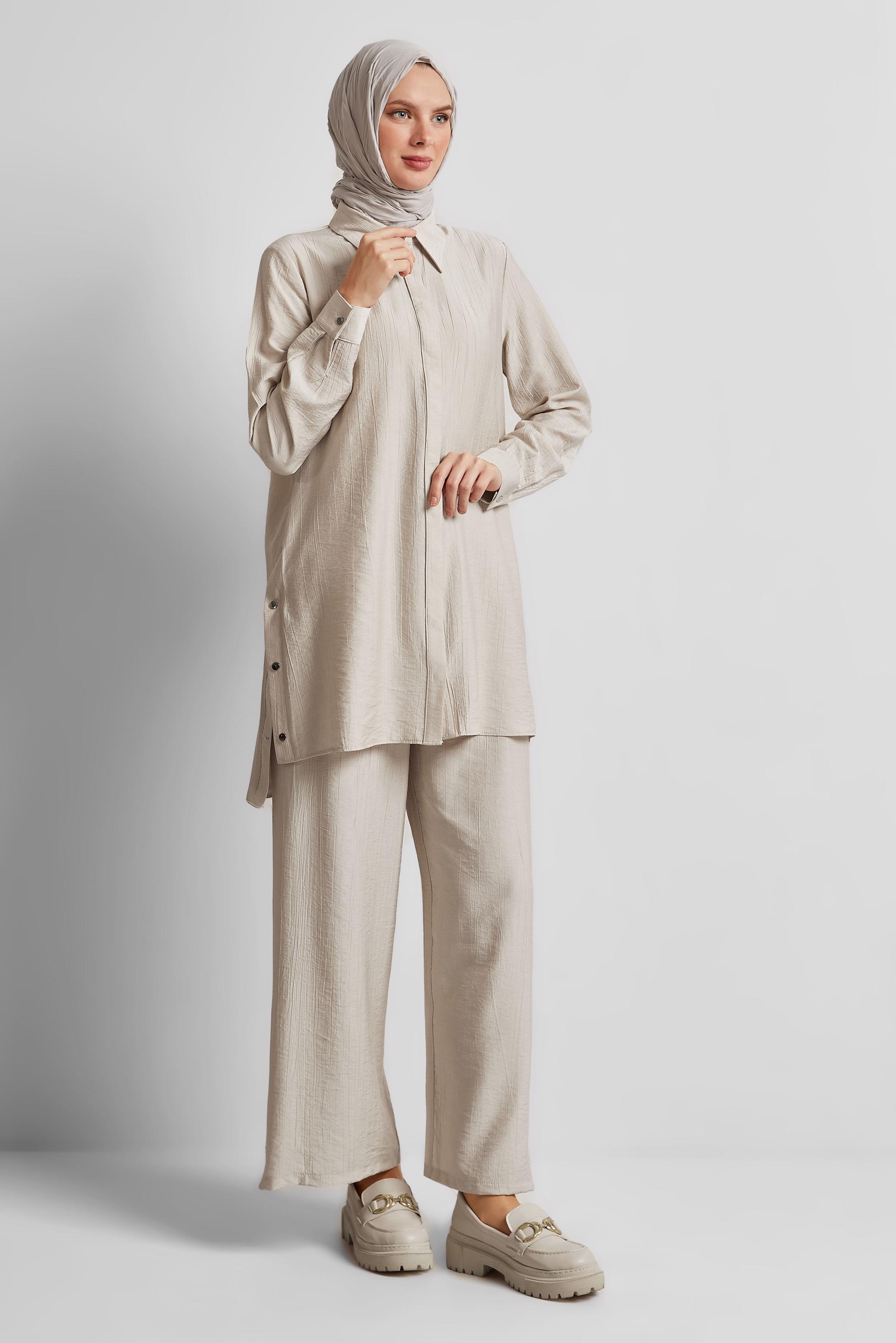 Tesettür giyim BEJ ÇITÇITLI PANTOLONLU TAKIM 45678