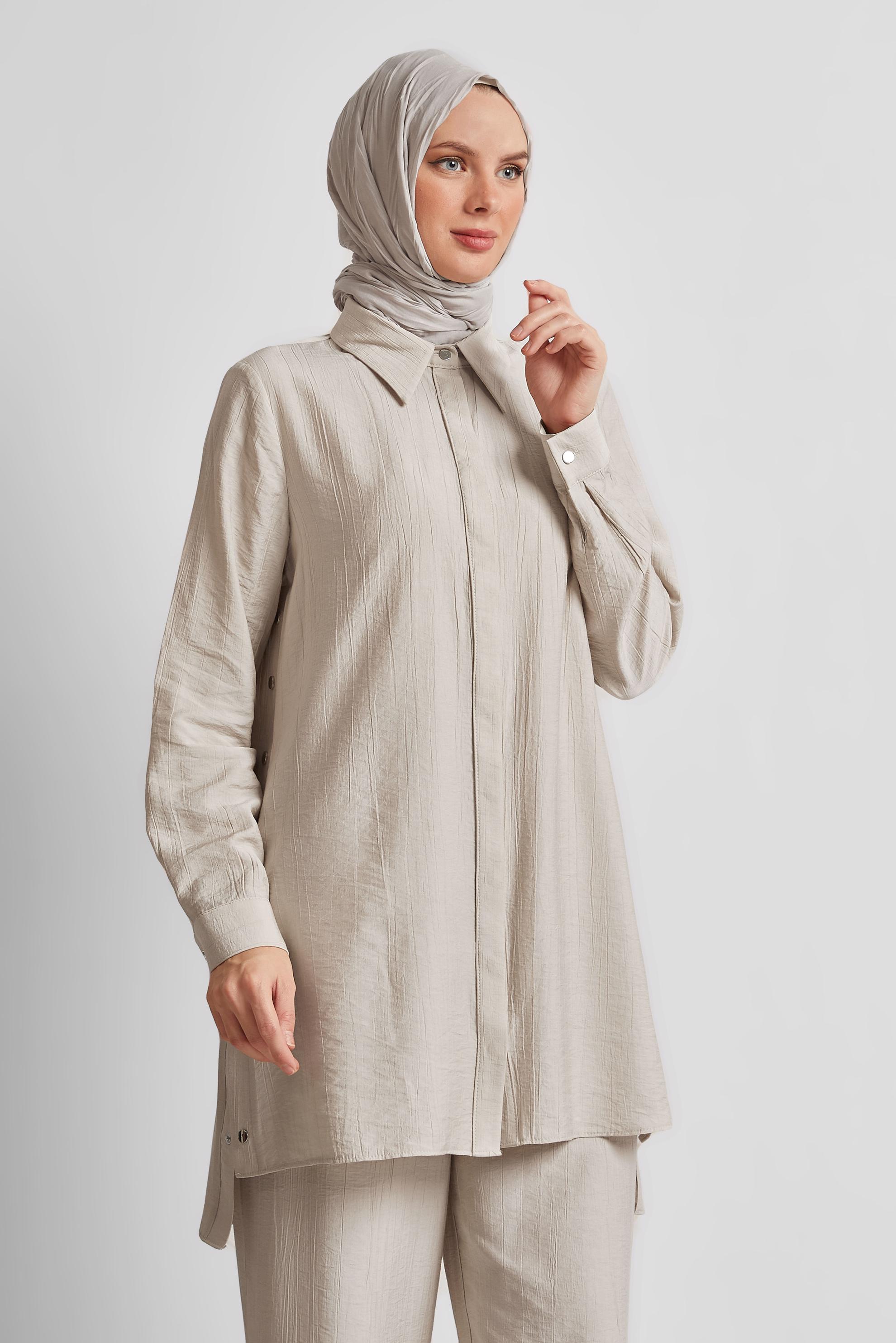 Tesettür giyim BEJ ÇITÇITLI PANTOLONLU TAKIM 45678