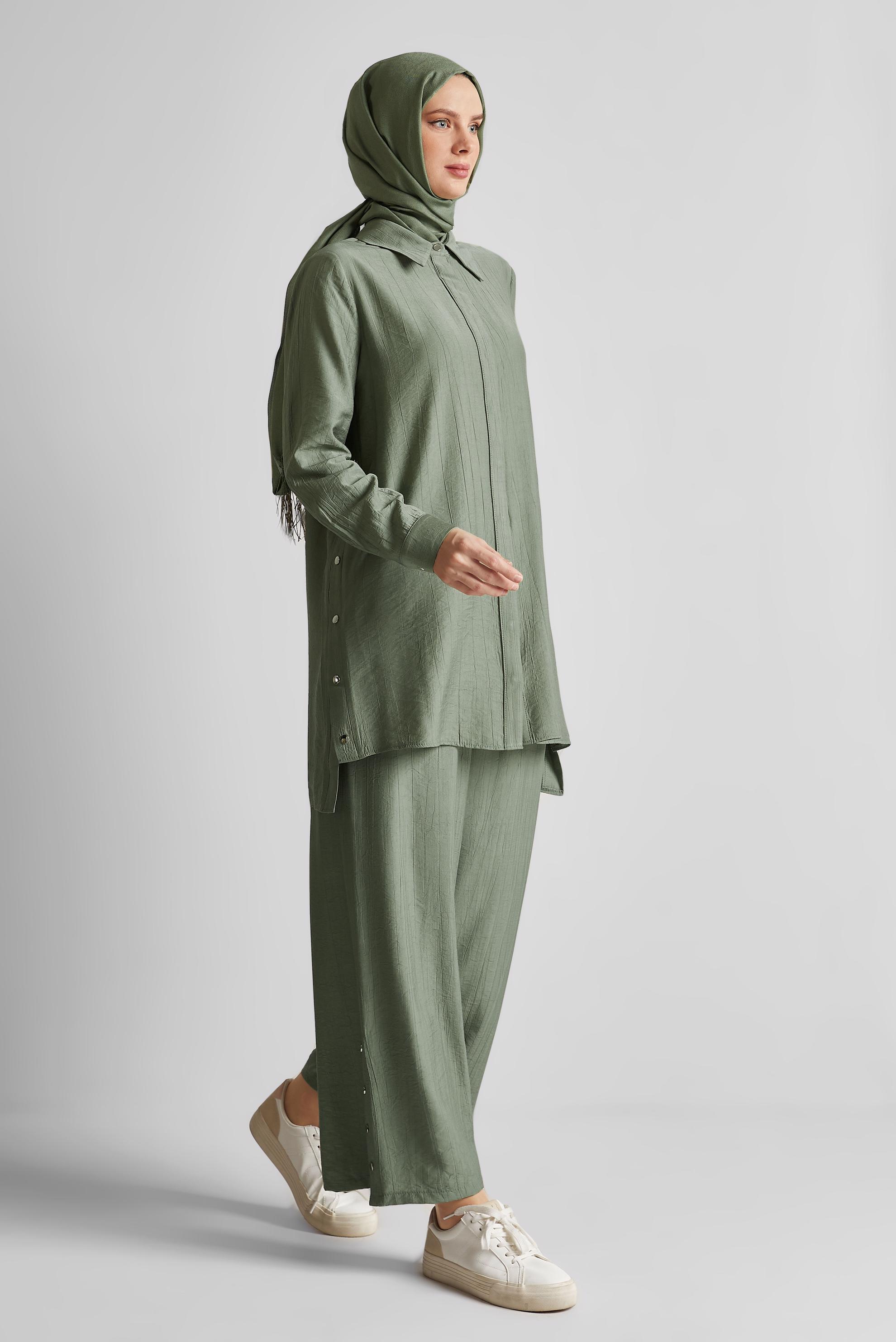 Tesettür giyim HAKİ ÇITÇITLI PANTOLONLU TAKIM 45678