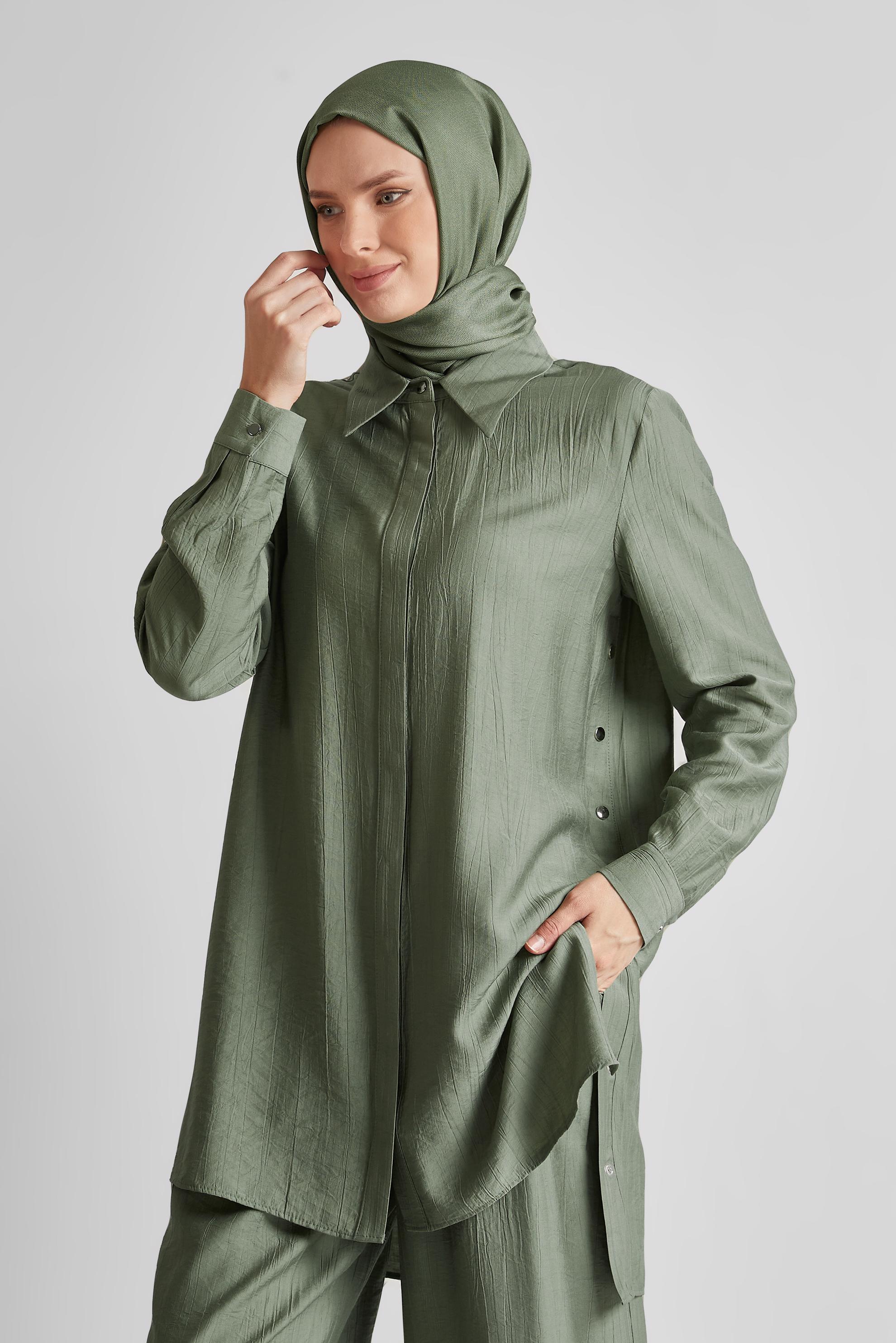 Tesettür giyim HAKİ ÇITÇITLI PANTOLONLU TAKIM 45678