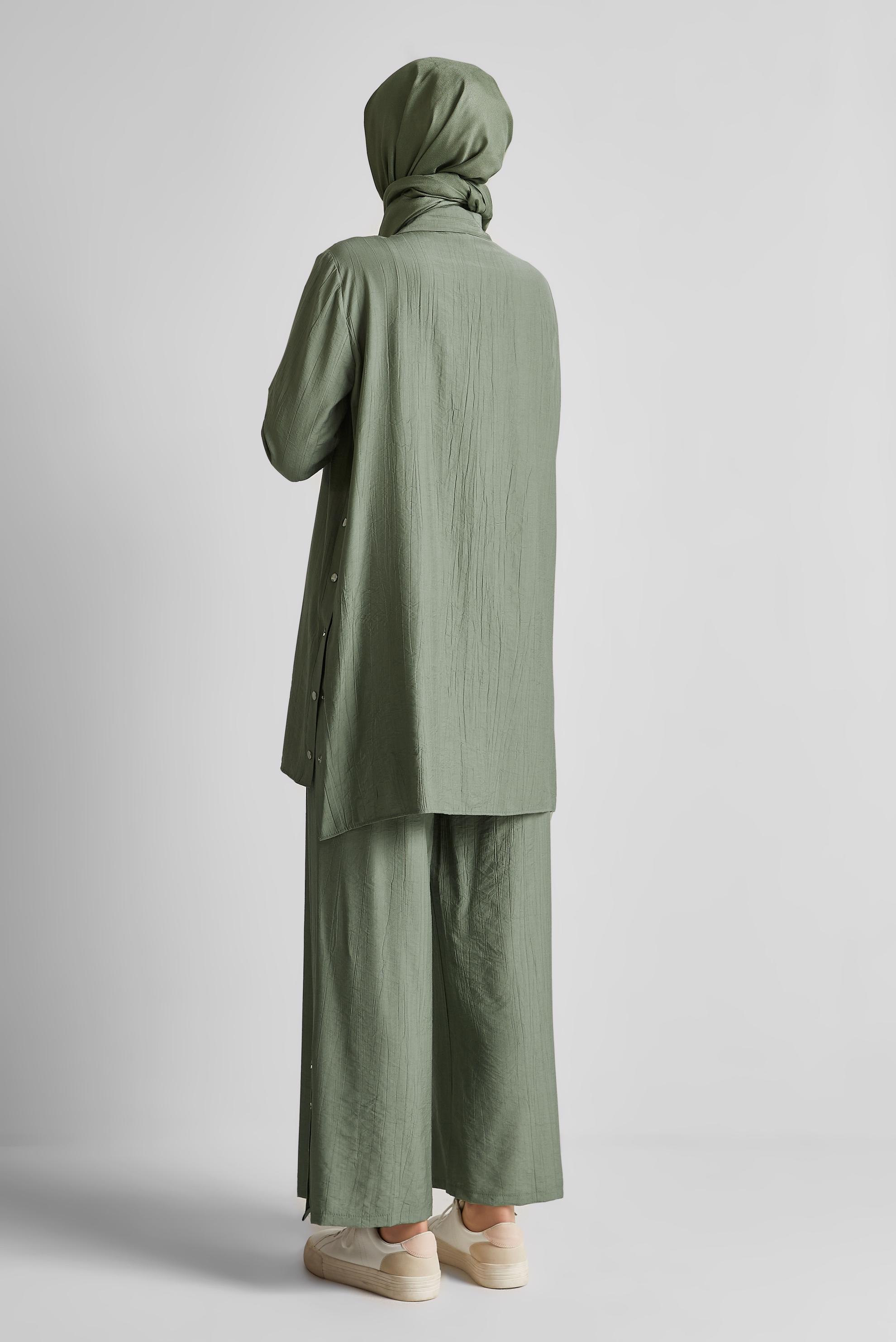 Tesettür giyim HAKİ ÇITÇITLI PANTOLONLU TAKIM 45678