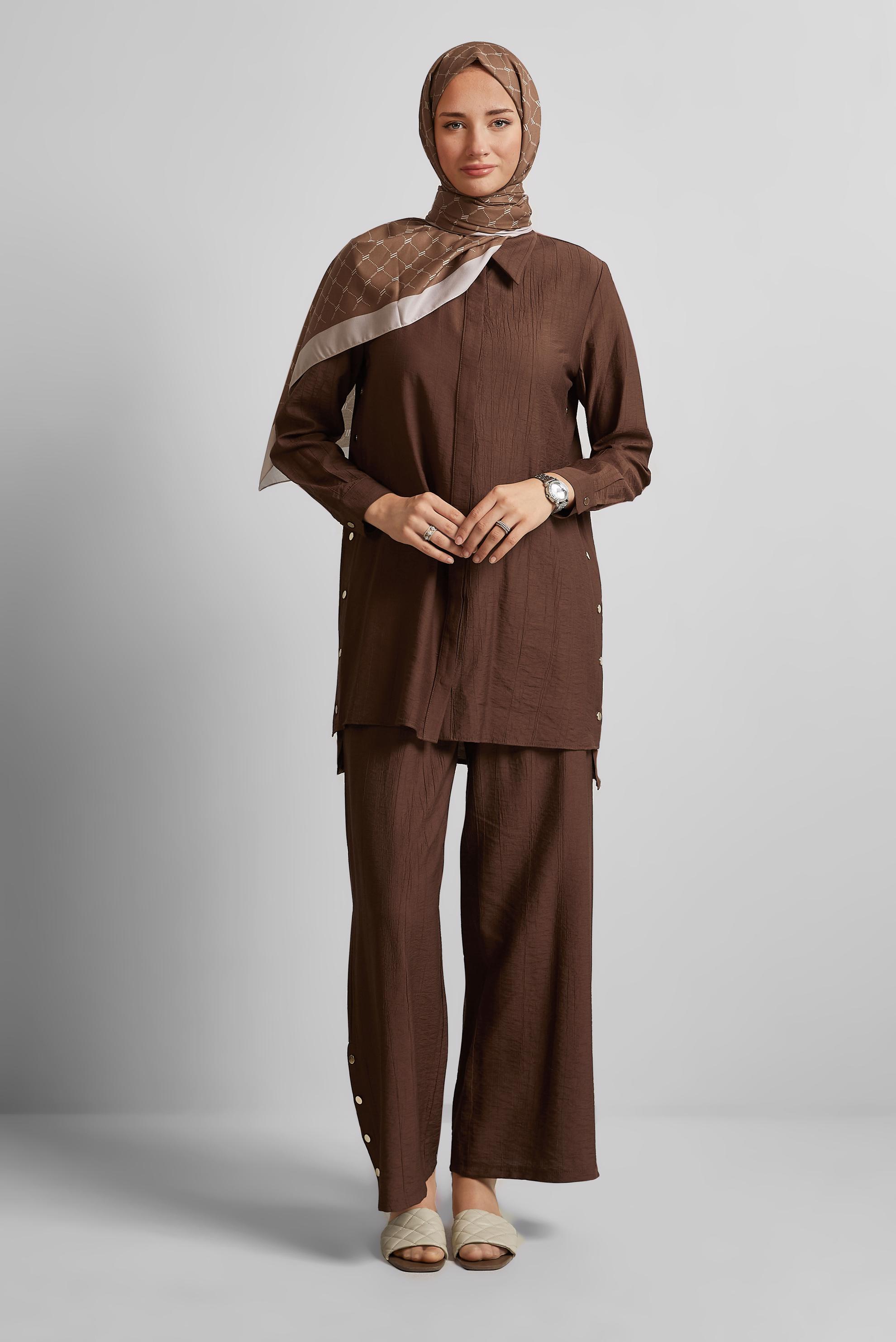 Tesettür giyim KAHVE ÇITÇITLI PANTOLONLU TAKIM 45678