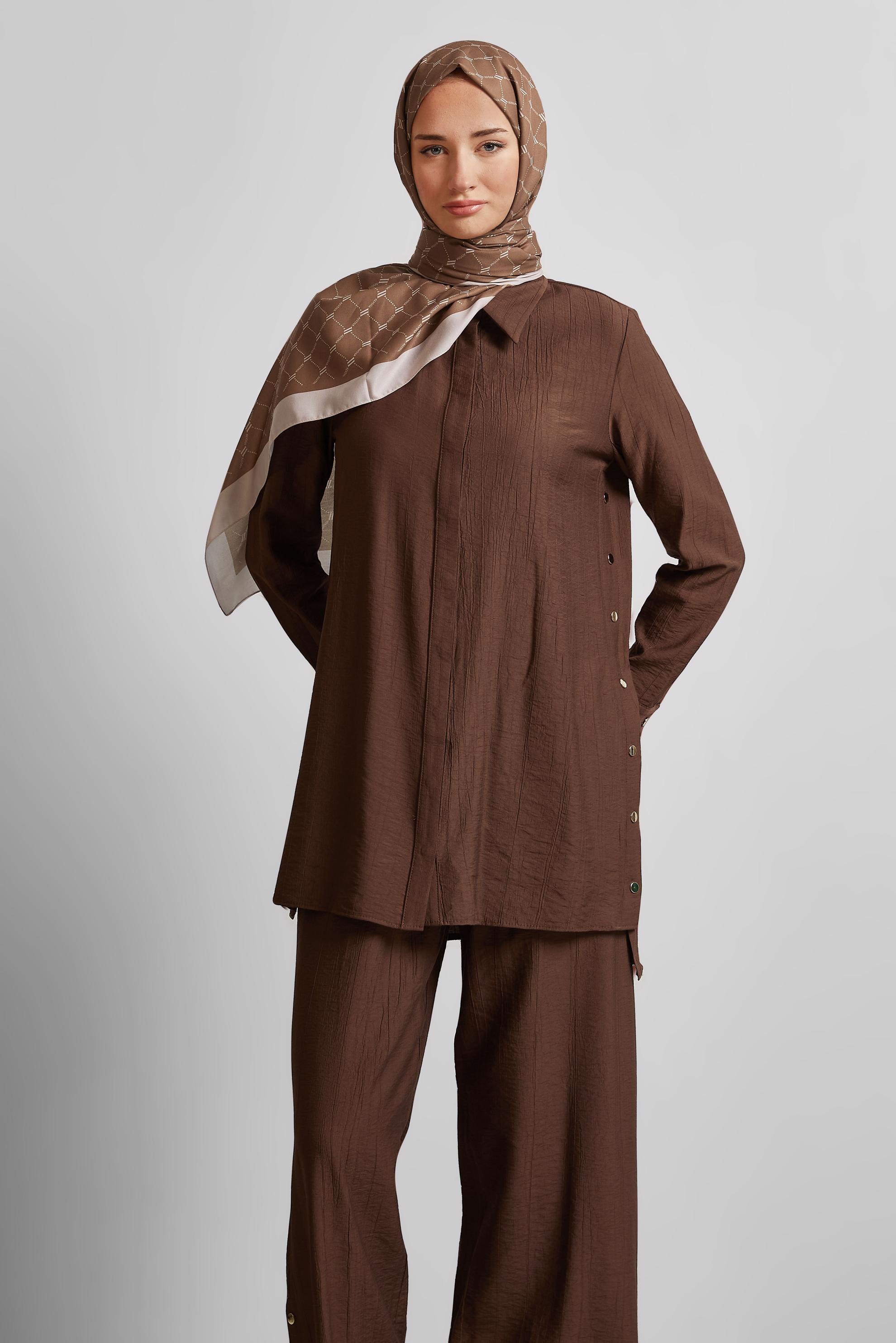 Tesettür giyim KAHVE ÇITÇITLI PANTOLONLU TAKIM 45678