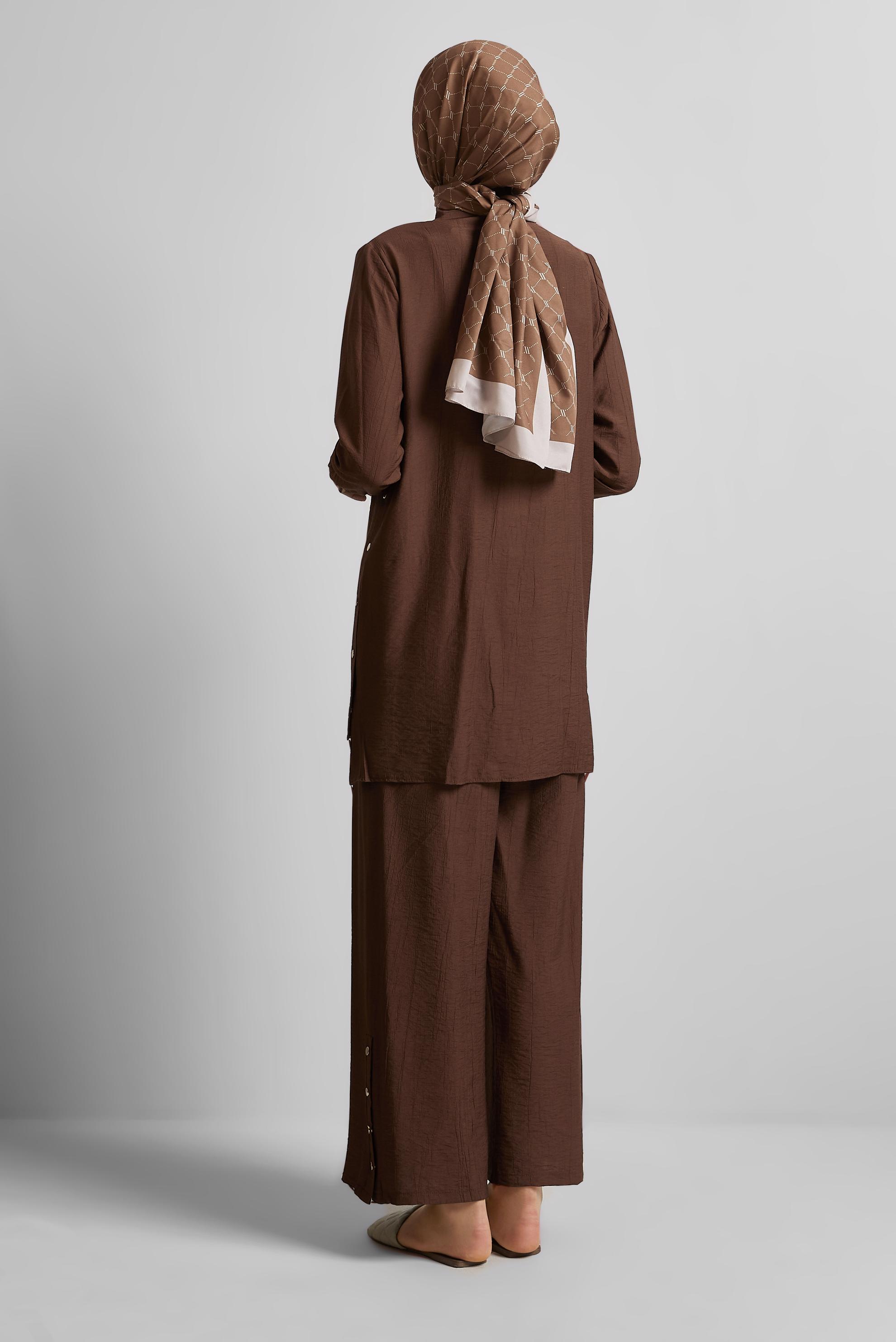 Tesettür giyim KAHVE ÇITÇITLI PANTOLONLU TAKIM 45678