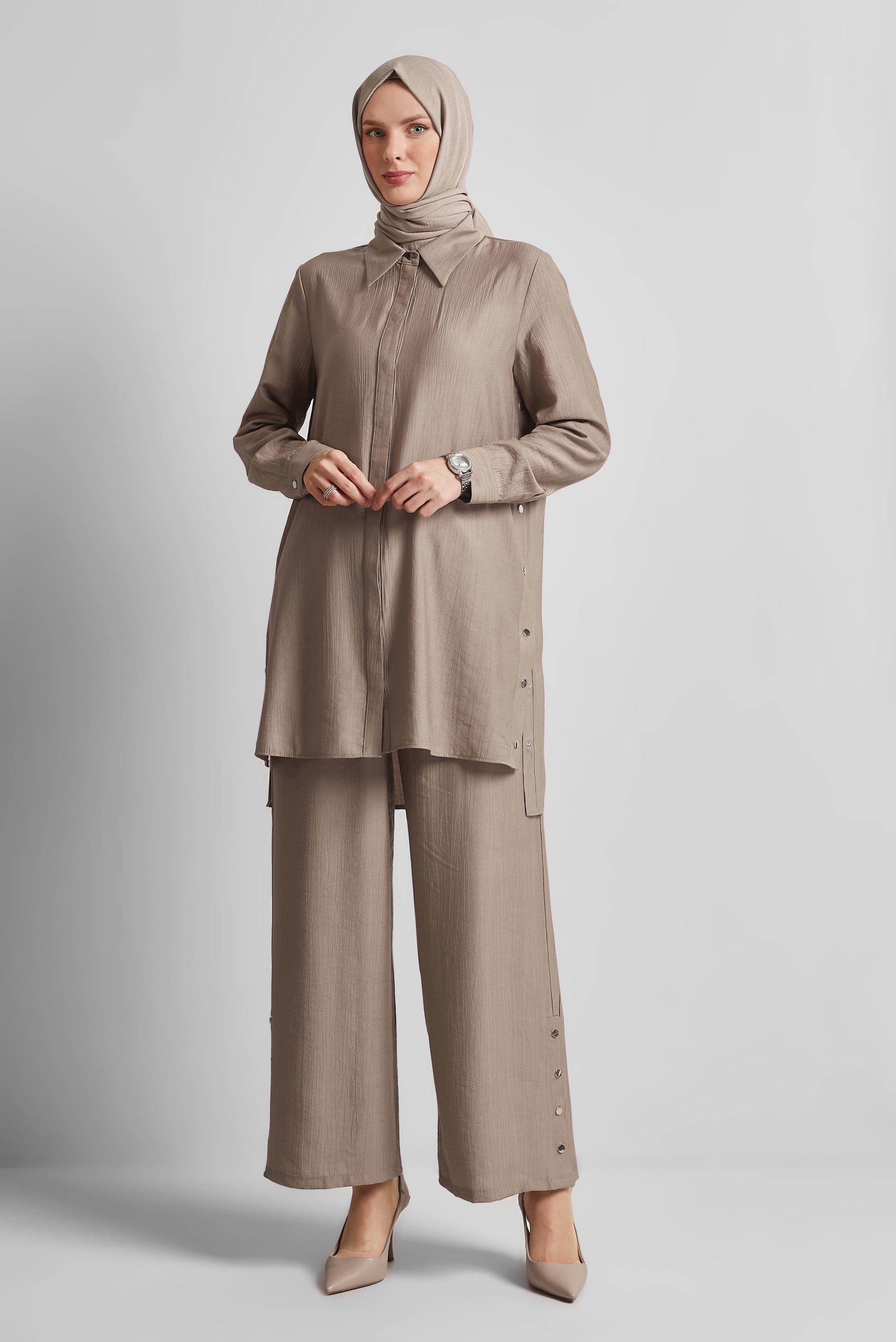 Tesettür giyim VİZON ÇITÇITLI PANTOLONLU TAKIM 45678